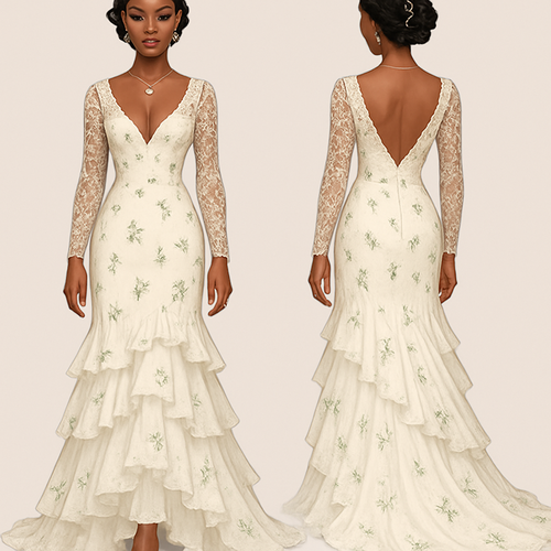 Black girl 
Finger waves with small flowers in hair 
Wedding dress
V cut at breast 
Long dress 
Long train 
Lace sleeves 
Ruffles going down the dress 
Green flower designs
Diamond ring on finger 
Diamond heart necklace 
Green eyeshadow 
Clear lipgloss 
Diamond earrings 
Diamond bracelet 
White heels with green pearls 
French tip nails with pearls 

