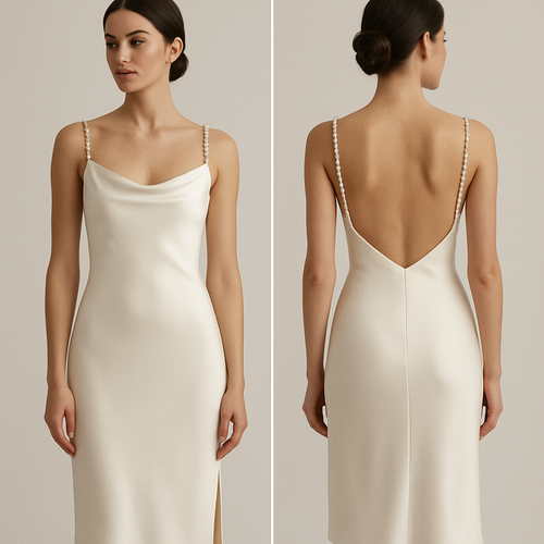 Slik knee length dress
Fitted with pearl strap,deep open back and a side slit