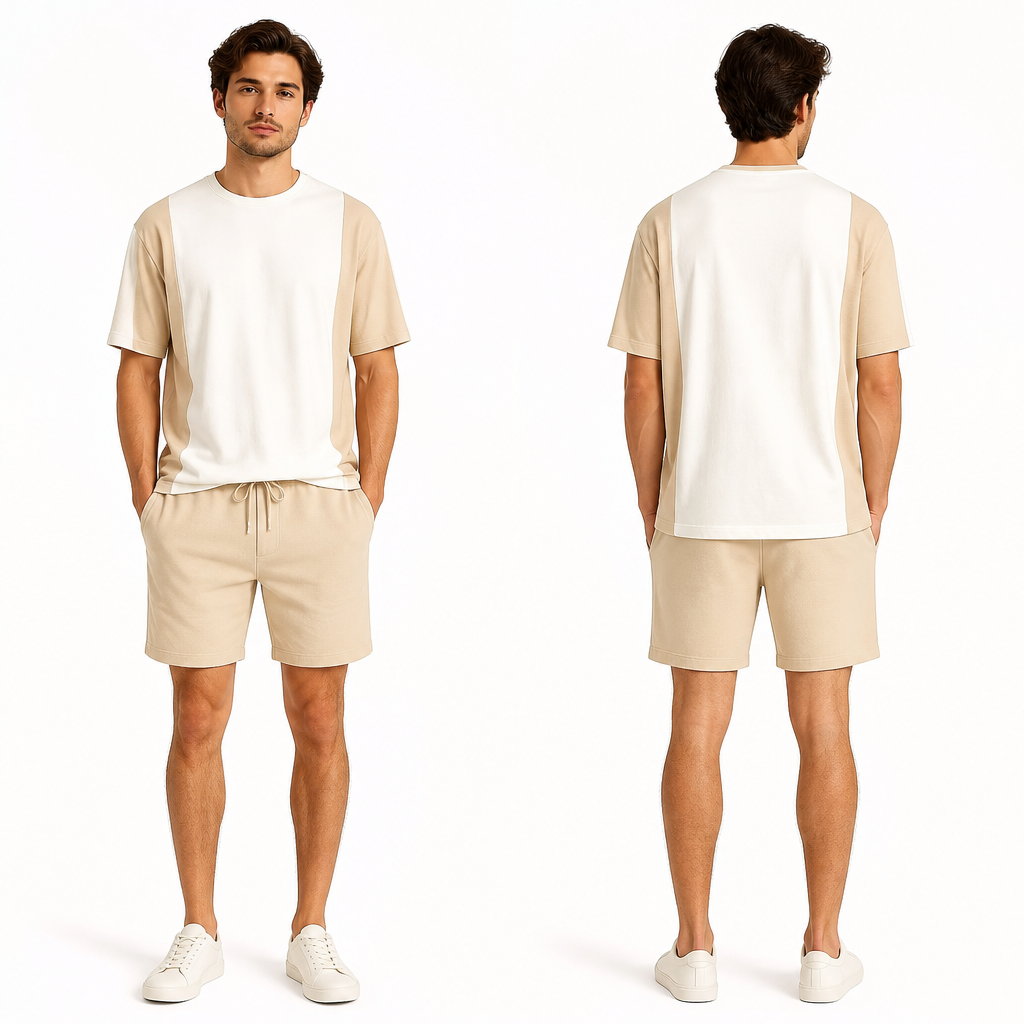 A summer-style outfit consisting of shorts and a T-shirt; beige and white.
photorealistic fashion design, A summer-style outfit consisting of shorts and a T-shirt; beige and white., summer style, just the design no text, show front and back
