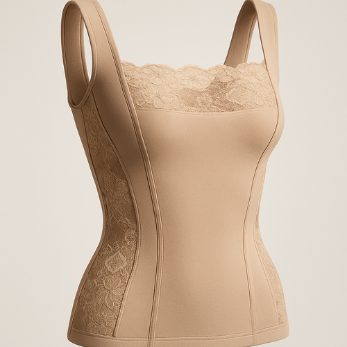 Luxury beige longline sports top crafted from premium sculpting material with a modern square neckline and thick supportive straps. Transparent floral lace along the neckline and sides for refined contrast. Chic and athletic. Bright neutral studio, focus on fabric and lace craftsmanship, ultra-detailed 8K, Lauren Secret signature style.”