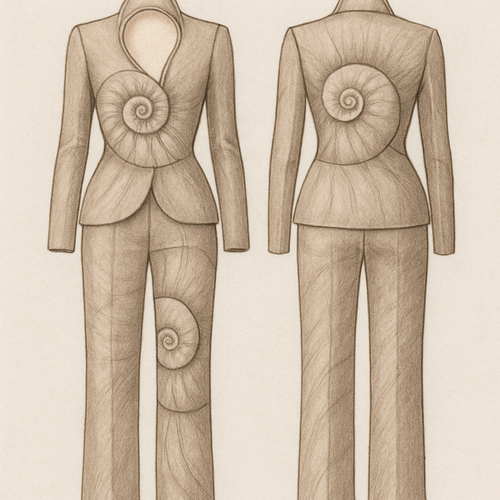Fashion without fear is my collection and the seashell is my inspiration.
I want a jacket and trousers with the spiral nature of the shell. It should be a mode dress with sleeves and the neckline should be like the opening of the shell
