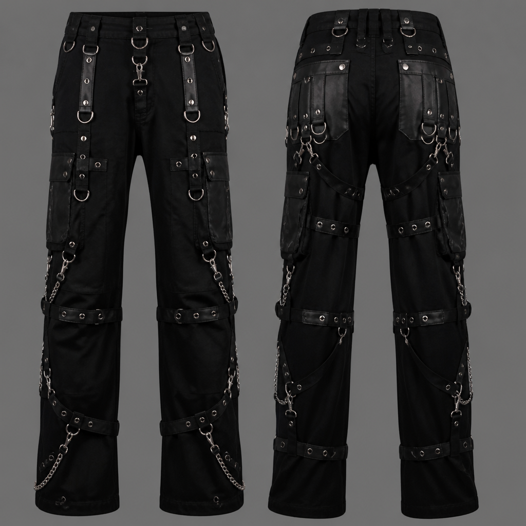 A Unisex Pants design, in Y2K style. gothic bondage cargos pants
photorealistic fashion design, A Unisex Pants design, in Y2K style. gothic bondage cargos pants, y2k style, just the design no text