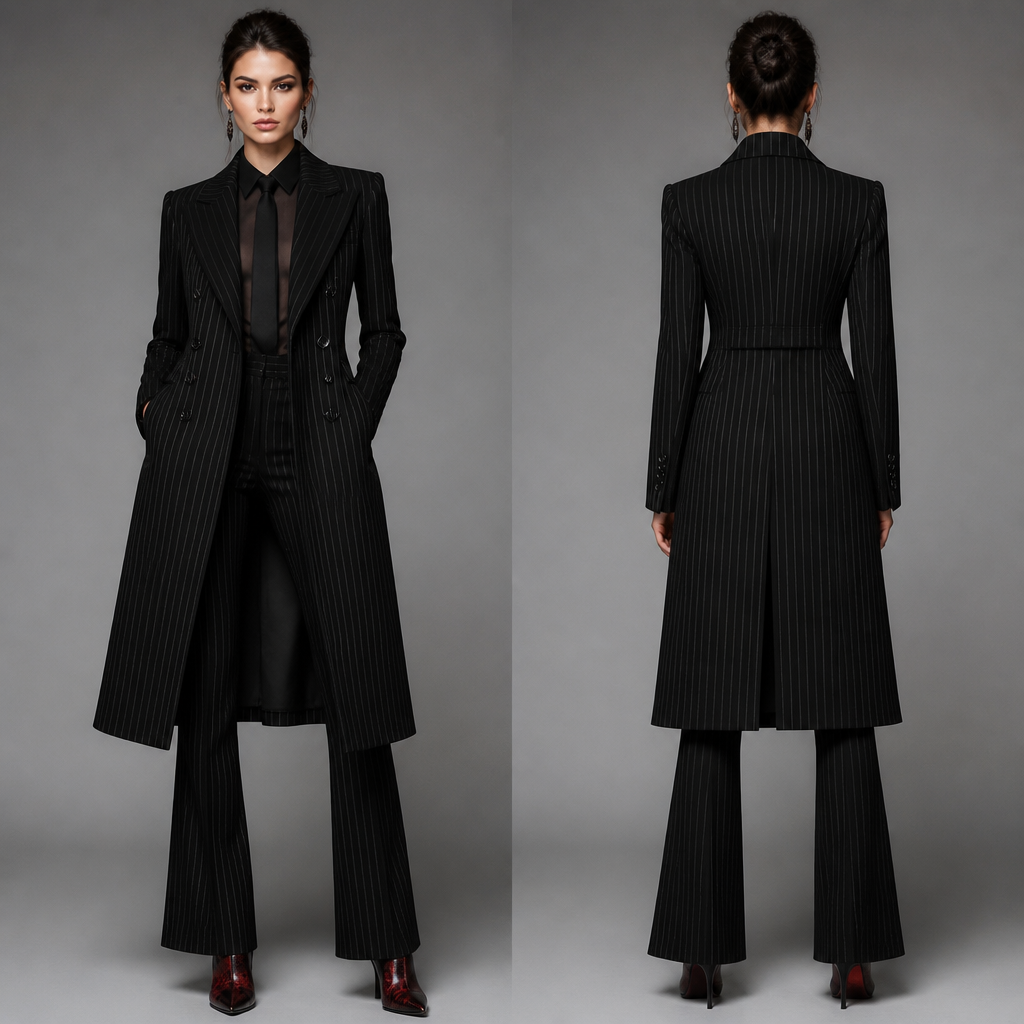 Woman double breasted pinstripe coat , in black ,and with a black sheer collar shirt with a matching pinstripe tie , matching pants a little flair , red black short booties
photorealistic fashion design, Woman double breasted pinstripe coat , in black ,and with a black sheer collar shirt with a matching pinstripe tie , matching pants a little flair , red black short booties , glamorous style, just the design no text, show front and back
