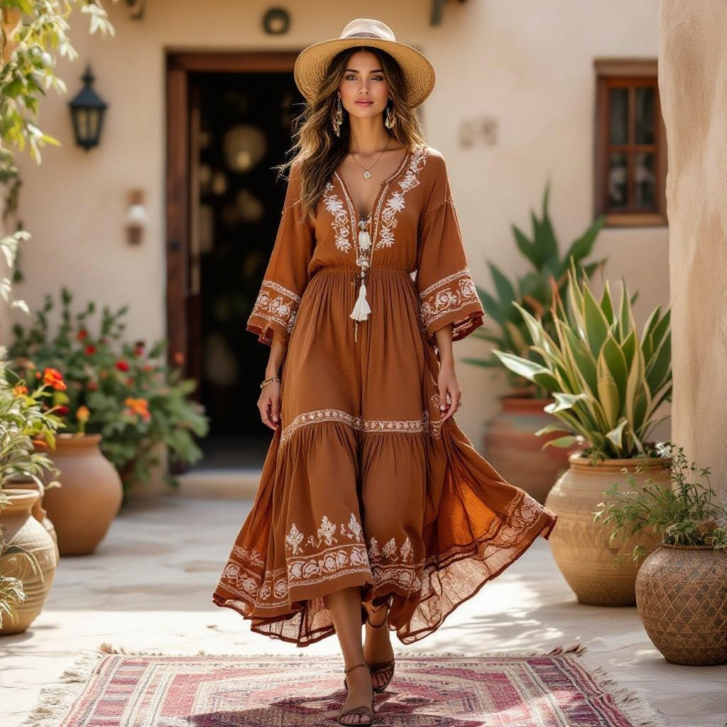 Two fabrics and deferind colour
Boho Chic fashion: Imagine a free-spirited dress crafted from soft cotton in earthy brown, flowing effortlessly with every step. Adorned with delicate embroidery in cream, it captures the essence of bohemian wanderlust.