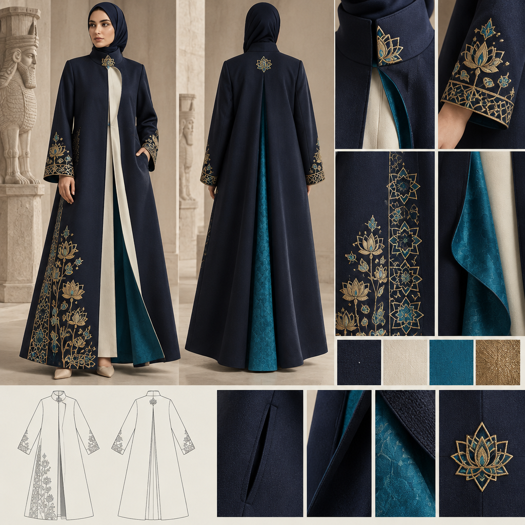 Create an original haute couture concept for a contemporary Iranian-Islamic women's manteau called "The Three Eras".
The concept must creatively unite three design influences: ancient Achaemenid Persian art, Persian-Islamic decorative geometry, and modern architectural fashion.
Create a distinctive design language rather than copying an existing garment.
SILHOUETTE:
Design a long, loose, elegant manteau with full-length sleeves, a modest high neckline, an opaque fabric, and a graceful flowing shape. Ensure comfortable movement and full coverage, suitable for contemporary modest fashion.
SIGNATURE DESIGN FEATURES:
- Create a sculptural front opening inspired by the monumental gateways of Persepolis, translated into clean, contemporary tailoring.
- Place delicate, abstract Achaemenid lotus and rosette embroidery along one side of the lower hem and the sleeve cuffs.
- Gradually transform the ancient floral motifs into precise Persian-Islamic geometric patterns as they travel upward along one side of the garment.
- Add a hidden inner facing in deep turquoise, visible only when the coat moves or opens.
- Use subtle layered panels to represent the passage from ancient Persia to the present day.
- Incorporate an original, recognizable embroidered symbol designed specifically for this garment, combining a lotus silhouette with a geometric star. Keep it decorative and culturally respectful.
- Include concealed functional pockets, neat internal finishing, and practical construction suitable for real garment production.
COLOR PALETTE:
Midnight navy, warm ivory, deep turquoise, and restrained antique gold. Use gold embroidery sparingly for a refined luxury appearance.
FABRIC:
Use a premium opaque fabric with a soft structured drape, suitable for a long coat. The garment must look wearable and comfortable, not like a theatrical costume.
ISLAMIC MODEST FASHION:
Maintain a high neckline, full sleeves, a loose silhouette, and complete body coverage. Avoid sheer fabric, tight shaping, excessive decoration, or costume-like accessories.
PRESENTATION:
Show the complete garment on a female fashion model in front and back views. Also provide a clean technical flat sketch, close-up embroidery details, a fabric and color palette, and construction details for a professional fashion designer.
The final result should express Iranian cultural identity, historical depth, Islamic modesty, and contemporary elegance through one coherent and distinctive design. Make the garment visually memorable, refined, practical, and suitable for development into a unique fashion collection.. IR fashion aesthetics. Present it as professional fashion catalogue photography: the garment is the subject, shown full-length with editorial styling, neutral posing and tasteful, non-suggestive framing.
photorealistic fashion design, Create an original haute couture concept for a contemporary Iranian-Islamic women's manteau called "The Three Eras".
The concept must creatively unite three design influences: ancient Achaemenid Persian art, Persian-Islamic decorative geometry, and modern architectural fashion.
Create a distinctive design language rather than copying an existing garment.
SILHOUETTE:
Design a long, loose, elegant manteau with full-length sleeves, a modest high neckline, an opaque fabric, and a graceful flowing shape. Ensure comfortable movement and full coverage, suitable for contemporary modest fashion.
SIGNATURE DESIGN FEATURES:
- Create a sculptural front opening inspired by the monumental gateways of Persepolis, translated into clean, contemporary tailoring.
- Place delicate, abstract Achaemenid lotus and rosette embroidery along one side of the lower hem and the sleeve cuffs.
- Gradually transform the ancient floral motifs into precise Persian-Islamic geometric patterns as they travel upward along one side of the garment.
- Add a hidden inner facing in deep turquoise, visible only when the coat moves or opens.
- Use subtle layered panels to represent the passage from ancient Persia to the present day.
- Incorporate an original, recognizable embroidered symbol designed specifically for this garment, combining a lotus silhouette with a geometric star. Keep it decorative and culturally respectful.
- Include concealed functional pockets, neat internal finishing, and practical construction suitable for real garment production.
COLOR PALETTE:
Midnight navy, warm ivory, deep turquoise, and restrained antique gold. Use gold embroidery sparingly for a refined luxury appearance.
FABRIC:
Use a premium opaque fabric with a soft structured drape, suitable for a long coat. The garment must look wearable and comfortable, not like a theatrical costume.
ISLAMIC MODEST FASHION:
Maintain a high neckline, full sleeves, a loose silhouette, and complete body coverage. Avoid sheer fabric, tight shaping, excessive decoration, or costume-like accessories.
PRESENTATION:
Show the complete garment on a female fashion model in front and back views. Also provide a clean technical flat sketch, close-up embroidery details, a fabric and color palette, and construction details for a professional fashion designer.
The final result should express Iranian cultural identity, historical depth, Islamic modesty, and contemporary elegance through one coherent and distinctive design. Make the garment visually memorable, refined, practical, and suitable for development into a unique fashion collection.. IR fashion aesthetics. Present it as professional fashion catalogue photography: the garment is the subject, shown full-length with editorial styling, neutral posing and tasteful, non-suggestive framing., just the design no text
