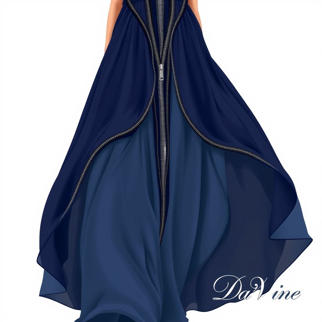 Create me a long runway dress, with big zippers all over the dress, hanging all over it, put “Da’Vine” in the bottom right corner
Design a captivating long runway dress that embodies elegance and sophistication, featuring oversized, artfully arranged zippers cascading across a flowing chiffon silhouette. Emphasize a rich jewel-toned palette, accentuating the intricate details with subtle metallic threading. Incorporate a delicate train for added drama, and elegantly inscribe “Da’Vine” in the bottom right corner.