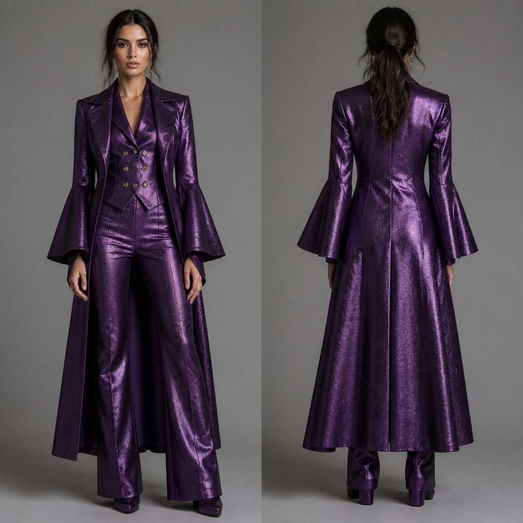 Purple metallic three piece suit womens long coat flair sleeves , double breasted vest , pants flair legs purple metallic booties same fabric as the three piece suit .
photorealistic fashion design, Purple metallic three piece suit womens long coat flair sleeves , double breasted vest , pants flair legs purple metallic booties same fabric as the three piece suit ., elegant style, just the design no text, show front and back