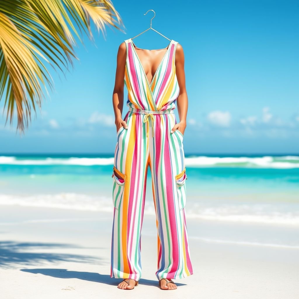 One piece with thin stripes - inspired by solid and strip
Design a vibrant, one-piece summer jumpsuit adorned with playful thin stripes in a spectrum of pastel colors. The lightweight, breathable fabric should flow effortlessly, featuring a plunging neckline and cut-out sides for a flirty touch. Complete with oversized pockets and a cinched waist, this outfit embodies carefree summer adventures along the beach.