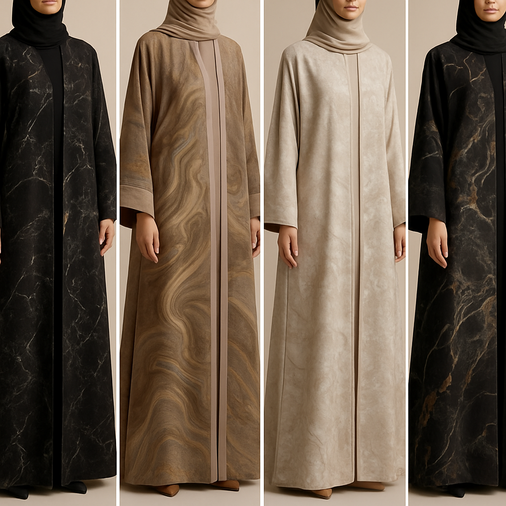 Create a modest abaya that's the first of its kind, featuring a unique stone design that exudes a classy and sophisticated vibe. I'd like four designs, each showcasing different styles and fabrics.
Incorporate high-end, unique chic stone designs to make them truly special.

Create a modest abaya that's the first of its kind, featuring a unique stone design that exudes a classy and sophisticated vibe. I'd like four designs, each showcasing different styles and fabrics.
Incorporate high-end, unique chic stone designs to make them truly special.
