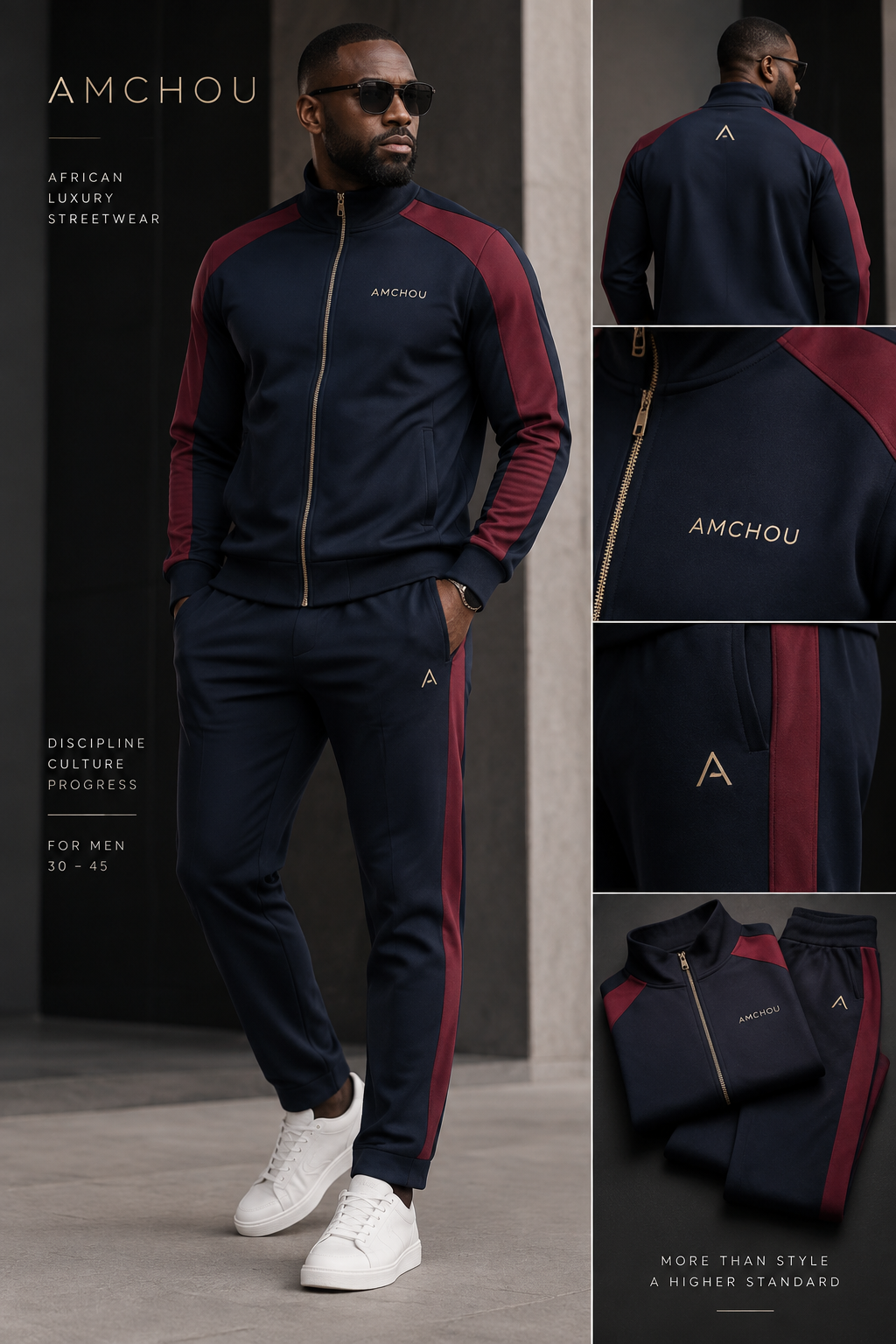 “Men's premium tracksuit for AMCHOU, elegant African luxury streetwear, dark navy and burgundy, distinctive silhouette, minimal AMCHOU logo, designed for men 30–45.”
“Men's premium tracksuit for AMCHOU, elegant African luxury streetwear, dark navy and burgundy, distinctive silhouette, minimal AMCHOU logo, designed for men 30–45.”