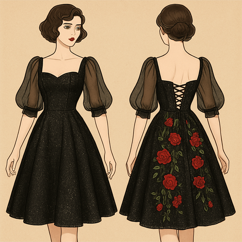 Glittery swing dress,black color, 1/3 sleeves puffy chiffon sleeves. With red roses and green vines embroidered cascading down the back of the dress. Corset top and lace up back.