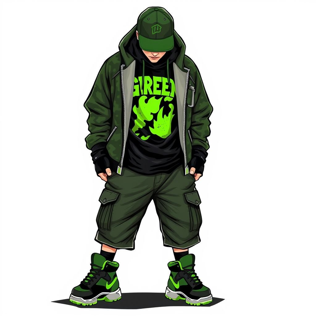 Green army style
Design an edgy skater outfit inspired by green army aesthetics. Imagine an oversized camo hoodie layered over a distressed black graphic tee, paired with baggy cargo shorts. Incorporate chunky skate shoes with vibrant green accents and accessorize with a bold snapback cap. Finish with fingerless gloves for ultimate urban flair.