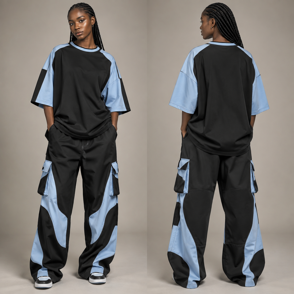 make it calm ......... make the colors black and light blue . don't change my design. make it shoulder dropped and oversized. Kenya fashion aesthetics. Present it as professional fashion catalogue photography: the garment is the subject, shown full-length with editorial styling, neutral posing and tasteful, non-suggestive framing.
photorealistic fashion design, make it calm ......... make the colors black and light blue . don't change my design. make it shoulder dropped and oversized. Kenya fashion aesthetics. Present it as professional fashion catalogue photography: the garment is the subject, shown full-length with editorial styling, neutral posing and tasteful, non-suggestive framing., just the design no text