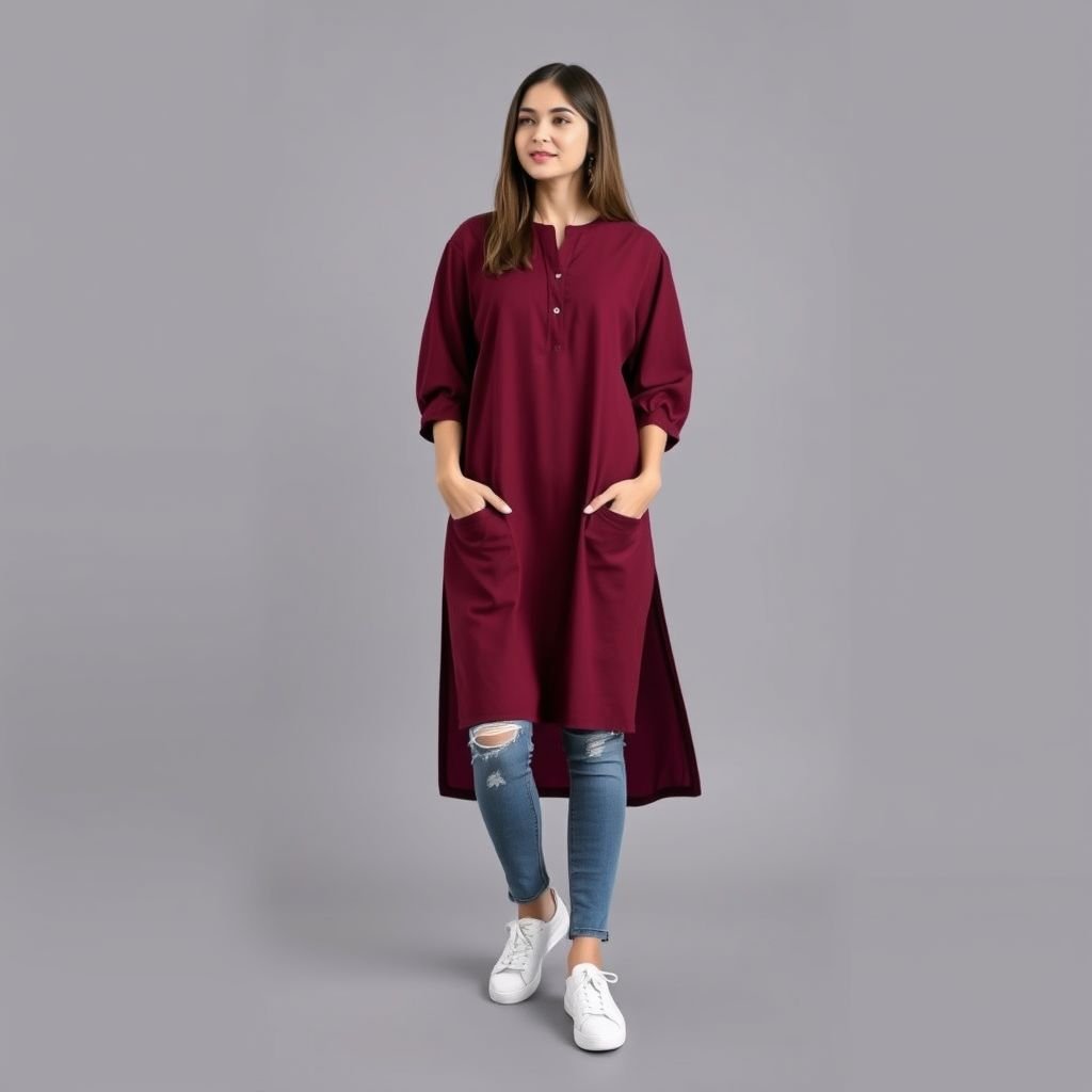 Wine hakoba kurti with side slit and puff sleeve
Design a relaxed yet chic wine hakoba kurti featuring playful puff sleeves and stylish side slits for easy movement. The breathable fabric enhances everyday comfort, perfect for casual outings. Pair it with distressed jeans and minimalist sneakers to embody a laid-back, effortlessly fashionable vibe, ideal for brunch or shopping days.
