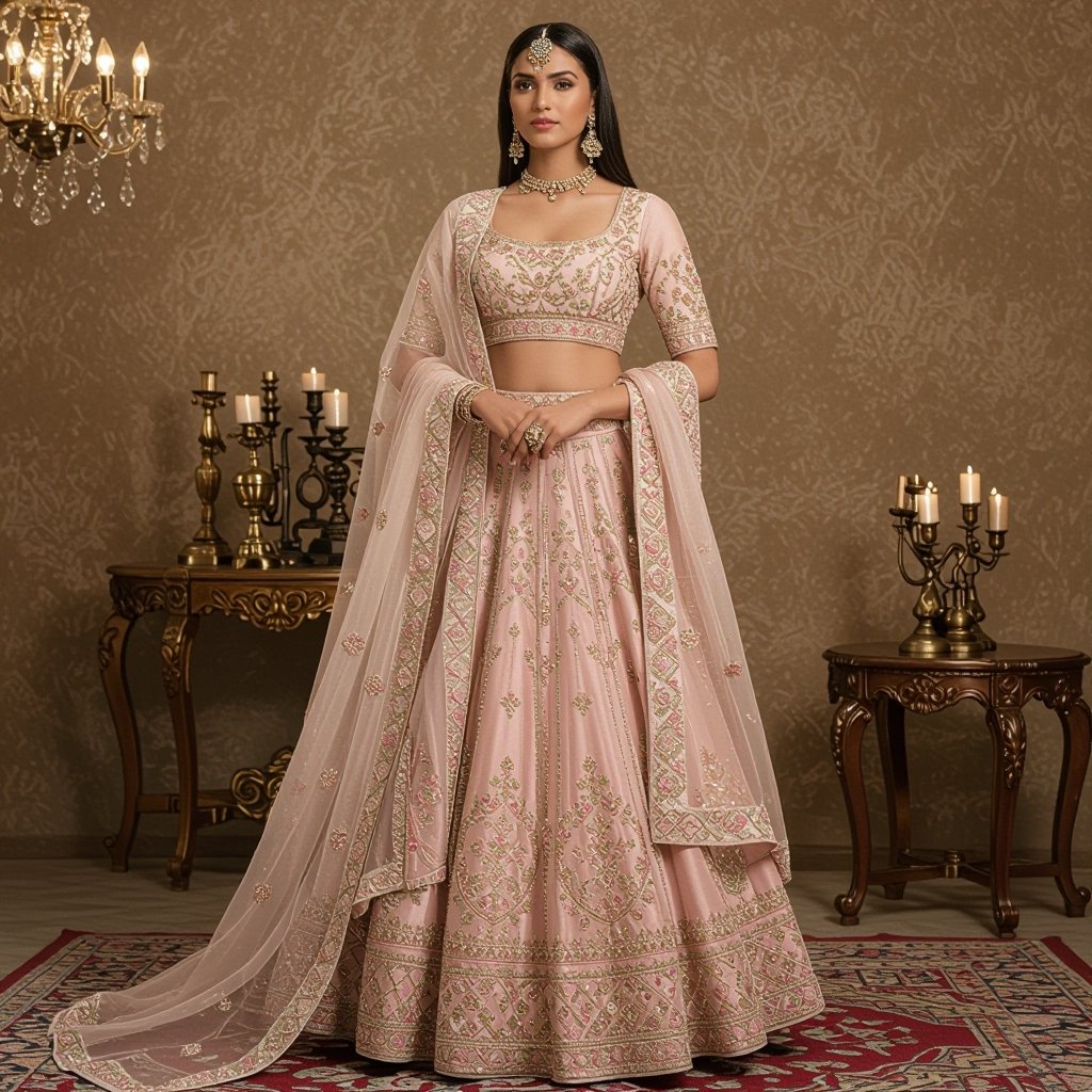 Lehengas
Full, flowing lehengas in silk, georgette, or velvet. Embellished with embroidery like zari, sequins, or mirrors. Paired with a fitted choli and a sheer dupatta.