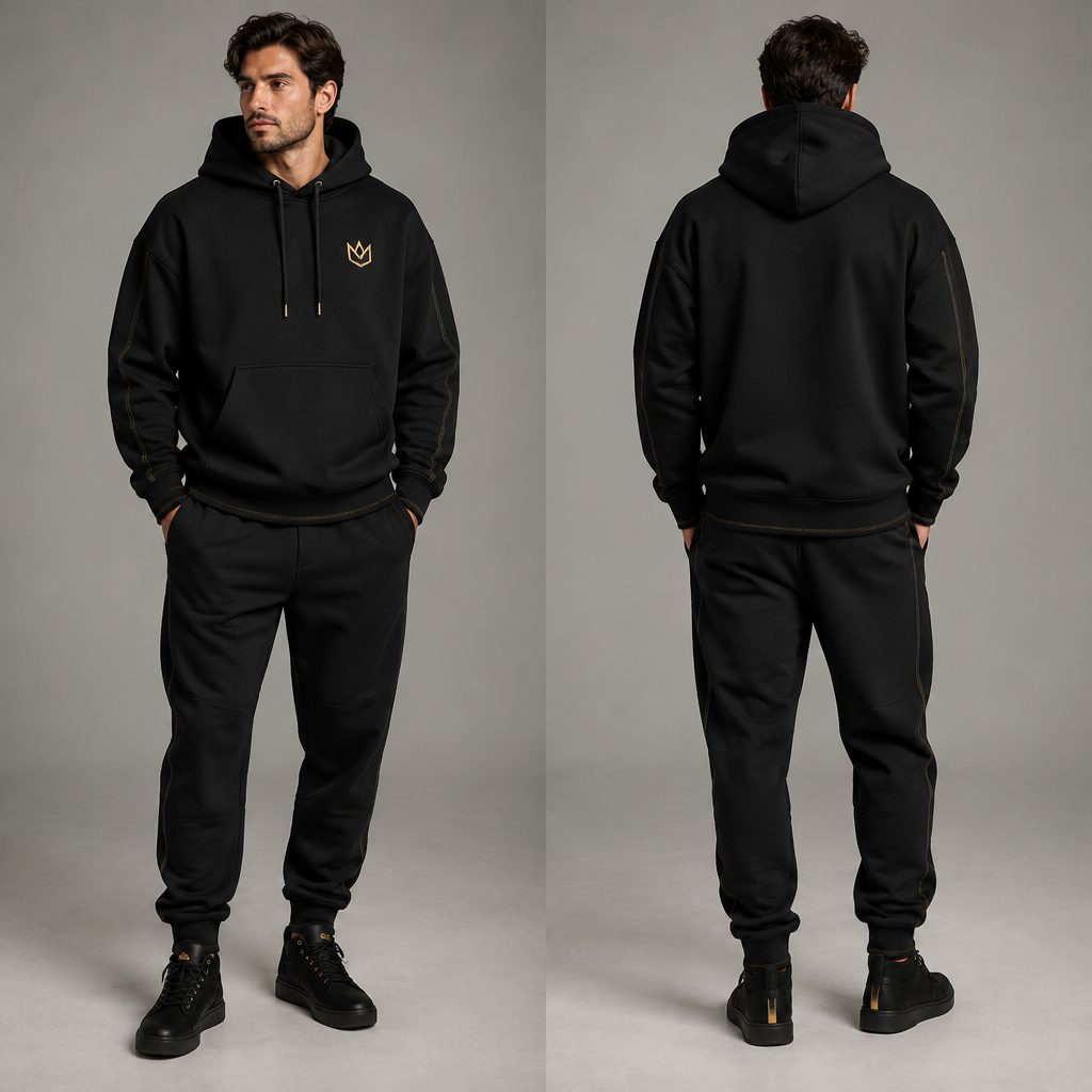A Male Activewear design, with a soft, cosy hand, with modest, full coverage: longer hemlines, higher necklines and covered shoulders, in a Monochrome color palette, suitable for Winter, suited to a Cold climate, in Minimalist style. Men's luxury black hoodie, gold MASTR KING APPAREL CO. logo embroidered on left chest, gold stitching details on cuffs and sleeves, elegant premium streetwear, black and gold only, no other colors, front and back view Present it as professional fashion catalogue photography: the garment is the subject, shown full-length with editorial styling, neutral posing and tasteful, non-suggestive framing.
photorealistic fashion design, A Male Activewear design, with a soft, cosy hand, with modest, full coverage: longer hemlines, higher necklines and covered shoulders, in a Monochrome color palette, suitable for Winter, suited to a Cold climate, in Minimalist style. Men's luxury black hoodie, gold MASTR KING APPAREL CO. logo embroidered on left chest, gold stitching details on cuffs and sleeves, elegant premium streetwear, black and gold only, no other colors, front and back view Present it as professional fashion catalogue photography: the garment is the subject, shown full-length with editorial styling, neutral posing and tasteful, non-suggestive framing., minimalist style, just the design no text, show front and back