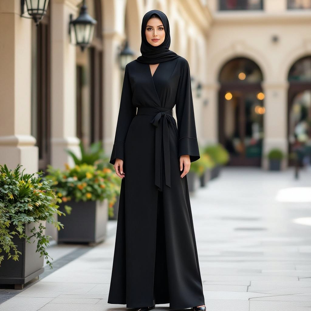 عباية يكون لونها اسود وتكون للعمل وفي نفس الوقت فخمة
Business fashion: Black abaya, structured for business. Elegant design, modest length.