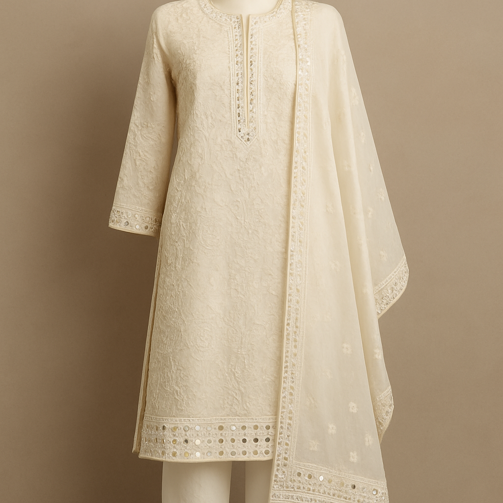 Ivory colour embroidered kurta set with mirror worker border
Ivory colour embroidered kurta set with mirror worker border