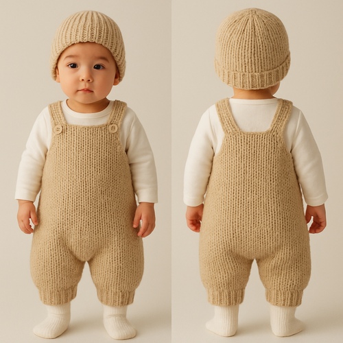 一歳の男の子着用画
ユニセックスの毛糸のオーバーオール
下の服は白の長袖
シルエットは丸い感じ
色はベージュ
毛糸の帽子
靴下は白