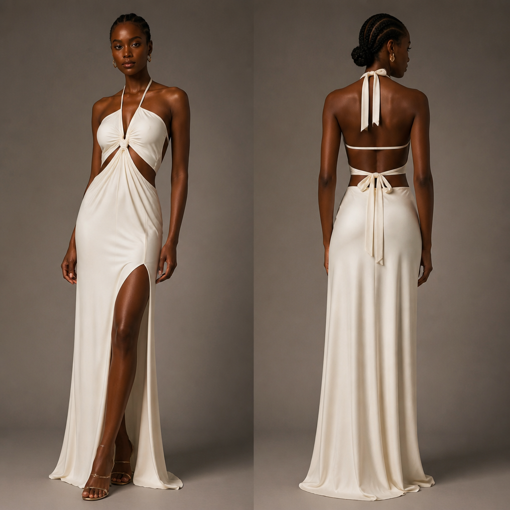 A Female Dress design, with a sleek, smooth finish, with a minimal-coverage cut, suitable for Summer, in Elegant style, shown on a model with deep skin tone Present it as professional fashion catalogue photography: the garment is the subject, shown full-length with editorial styling, neutral posing and tasteful, non-suggestive framing.
photorealistic fashion design, A Female Dress design, with a sleek, smooth finish, with a minimal-coverage cut, suitable for Summer, in Elegant style, shown on a model with deep skin tone Present it as professional fashion catalogue photography: the garment is the subject, shown full-length with editorial styling, neutral posing and tasteful, non-suggestive framing., elegant style, just the design no text, show front and back
