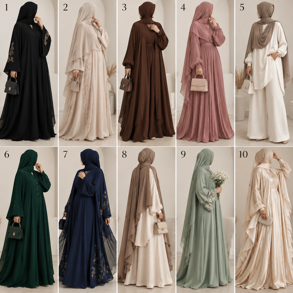 Create a high-quality vertical Pinterest fashion inspiration board showing 10 completely different elegant modest Muslim women’s outfits, arranged as 10 separate full-body looks in one clean editorial collage. Number each outfit clearly from 1 to 10.
All outfits must be fully modest, loose-fitting and elegant, with no tight or revealing clothing. Cover the chest, arms and legs. Use beautiful feminine styling suitable for a modern Muslim woman.
Make every look noticeably different:
1. Elegant flowing black abaya with subtle embroidery on the sleeves and a matching black hijab.
2. Soft beige bubu gown with a simple flowing matching khimar and delicate minimal embroidery.
3. Chocolate-brown maxi dress with a long open-front outer layer and matching hijab.
4. Dusty-rose pleated maxi dress with a matching loose hijab and elegant handbag.
5. Cream long tunic with wide-leg trousers, paired with a taupe hijab and simple accessories.
6. Deep emerald-green abaya with a structured but loose silhouette, matching hijab and understated gold details.
7. Elegant navy-blue maxi dress with a long lightweight kimono-style outer layer and matching hijab.
8. Mocha and cream two-tone modest outfit, consisting of a long flowing top, wide-leg skirt or trousers, and a coordinated hijab.
9. Soft sage-green abaya with delicate floral details around the cuffs and a simple matching hijab.
10. Luxury champagne-colored modest gown with flowing layers, subtle texture and a matching draped hijab.
Make the outfits look expensive, feminine, sophisticated and realistic, with tasteful fabrics such as chiffon, crepe, satin, linen and textured cotton.
Use different poses and slightly different styling for each model. Keep faces either turned away, cropped, or softly obscured so the focus remains on the clothing.
Use a clean light neutral background, soft studio lighting, realistic fashion photography, high detail, elegant composition and a Pinterest-friendly vertical 2:3 ratio.
Do NOT repeat outfits, colors, silhouettes or hijab styles. Do NOT make any outfit tight, transparent, short-sleeved, low-cut or revealing. No logos, no brand names and no
photorealistic fashion design, Create a high-quality vertical Pinterest fashion inspiration board showing 10 completely different elegant modest Muslim women’s outfits, arranged as 10 separate full-body looks in one clean editorial collage. Number each outfit clearly from 1 to 10.
All outfits must be fully modest, loose-fitting and elegant, with no tight or revealing clothing. Cover the chest, arms and legs. Use beautiful feminine styling suitable for a modern Muslim woman.
Make every look noticeably different:
1. Elegant flowing black abaya with subtle embroidery on the sleeves and a matching black hijab.
2. Soft beige bubu gown with a simple flowing matching khimar and delicate minimal embroidery.
3. Chocolate-brown maxi dress with a long open-front outer layer and matching hijab.
4. Dusty-rose pleated maxi dress with a matching loose hijab and elegant handbag.
5. Cream long tunic with wide-leg trousers, paired with a taupe hijab and simple accessories.
6. Deep emerald-green abaya with a structured but loose silhouette, matching hijab and understated gold details.
7. Elegant navy-blue maxi dress with a long lightweight kimono-style outer layer and matching hijab.
8. Mocha and cream two-tone modest outfit, consisting of a long flowing top, wide-leg skirt or trousers, and a coordinated hijab.
9. Soft sage-green abaya with delicate floral details around the cuffs and a simple matching hijab.
10. Luxury champagne-colored modest gown with flowing layers, subtle texture and a matching draped hijab.
Make the outfits look expensive, feminine, sophisticated and realistic, with tasteful fabrics such as chiffon, crepe, satin, linen and textured cotton.
Use different poses and slightly different styling for each model. Keep faces either turned away, cropped, or softly obscured so the focus remains on the clothing.
Use a clean light neutral background, soft studio lighting, realistic fashion photography, high detail, elegant composition and a Pinterest-friendly vertical 2:3 ratio.
Do NOT repeat outfits, colors, silhouettes or hijab styles. Do NOT make any outfit tight, transparent, short-sleeved, low-cut or revealing. No logos, no brand names and no, just the design no text
