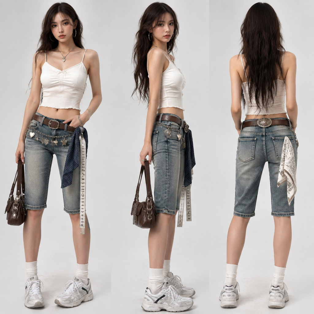 A Female Dress design, suitable for Summer, in Casual style. skinny knee length jeans. add a tape measure on side. put a neck tie through the jean holders it should be on same side with tape measure. put sagging bandana in the back pocket. put waist chain with stars amd hearts on it. then add a belt in the jean holders and the belt logo should look the other side without tape measure. UG fashion aesthetics. Present it as professional fashion catalogue photography: the garment is the subject, shown full-length with editorial styling, neutral posing and tasteful, non-suggestive framing.
photorealistic fashion design, A Female Dress design, suitable for Summer, in Casual style. skinny knee length jeans. add a tape measure on side. put a neck tie through the jean holders it should be on same side with tape measure. put sagging bandana in the back pocket. put waist chain with stars amd hearts on it. then add a belt in the jean holders and the belt logo should look the other side without tape measure. UG fashion aesthetics. Present it as professional fashion catalogue photography: the garment is the subject, shown full-length with editorial styling, neutral posing and tasteful, non-suggestive framing., casual style, just the design no text