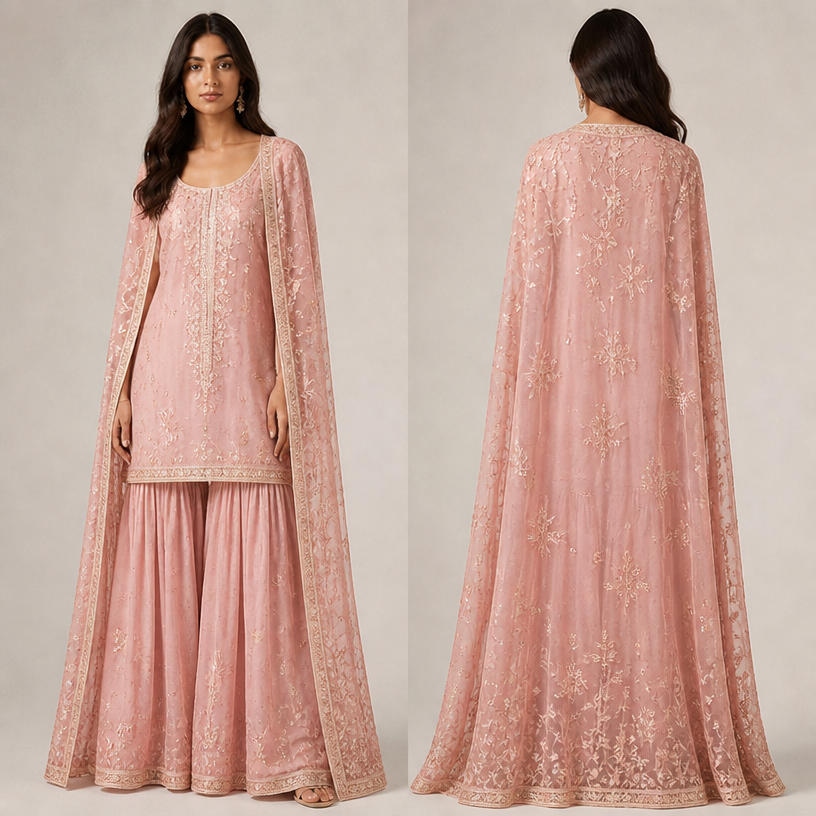 Pink with hand embroidery and a cape jacket , long
edit the attached fashion design with these instructions: Pink with hand embroidery and a cape jacket , long. keep it photorealistic, just the design no text