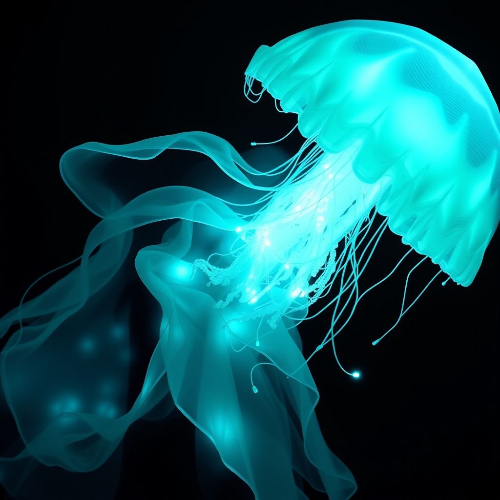 Dress
Design a futuristic, asymmetrical dress inspired by bioluminescent jellyfish, featuring flowing translucent layers that mimic ocean waves. The base color is a deep navy with shimmering aqua accents. Incorporate LED elements that glow softly in low light, creating an ethereal effect. This dress blends elegance with avant-garde oceanic whimsy.