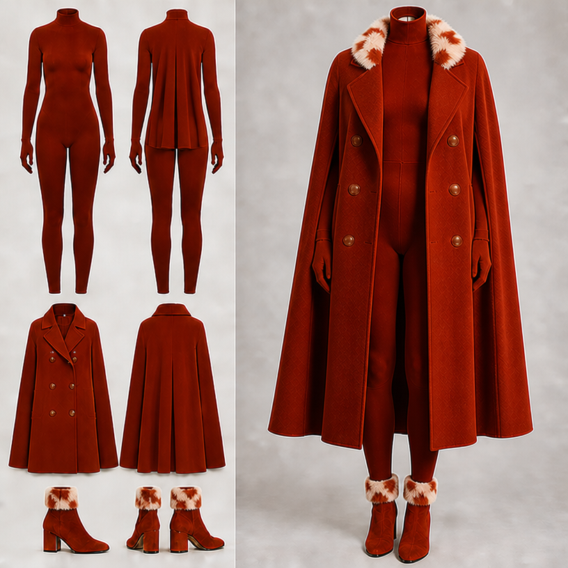 Rust fitted suede booties with a collar turn down on the boots with rust and white fur matching the collar small
edit the attached fashion design with these instructions: Rust fitted suede booties with a collar turn down on the boots with rust and white fur matching the collar small. keep it photorealistic, just the design no text