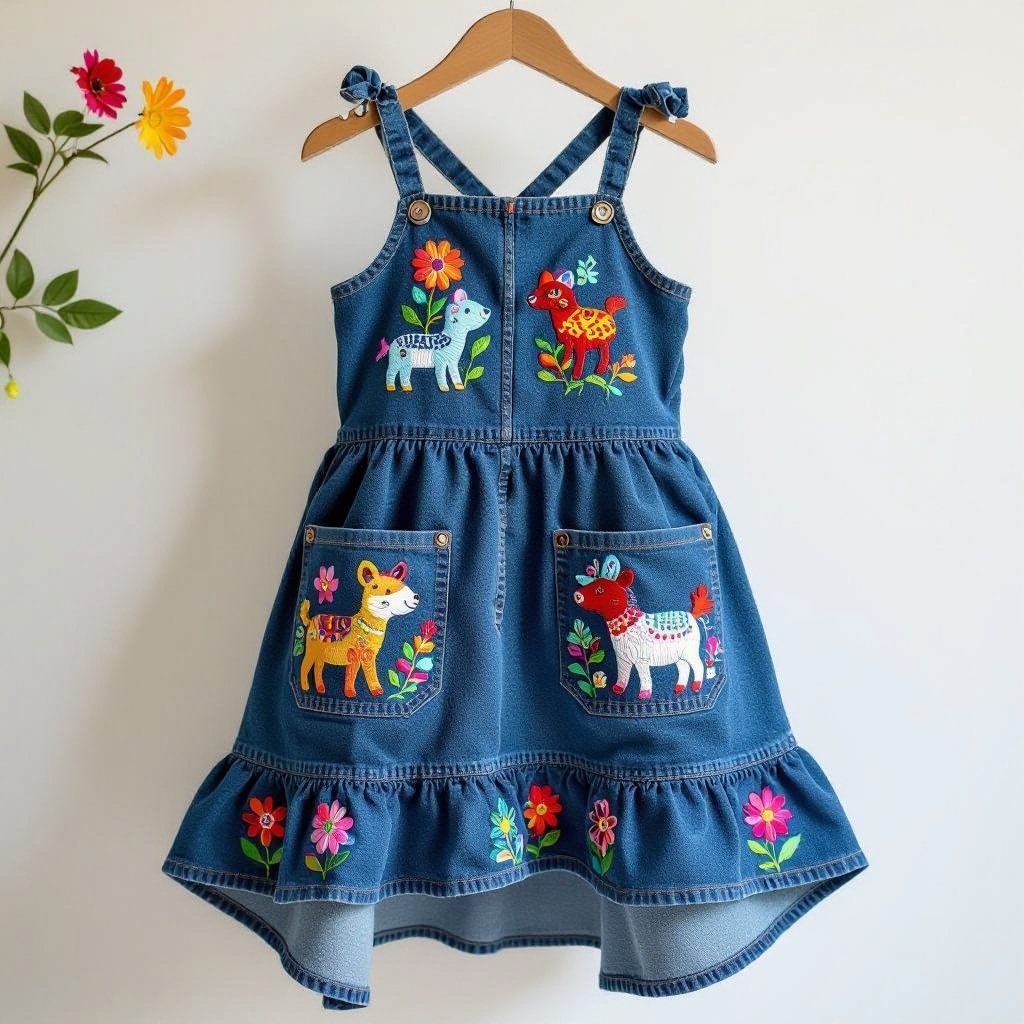 A denim child dress
Design a whimsical denim child dress featuring a playful asymmetrical hemline and oversized pockets adorned with vibrant embroidered animals. The bodice showcases a fitted, spaghetti-strap design, while the back boasts a delightful crisscross detail. Accentuate with detachable, colorful flower appliqués, capturing a free-spirited fusion of comfort and youthful charm.