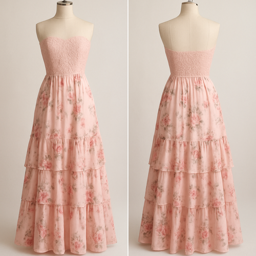 Long light pink dress with a floral design and  a Lacey top and ruffles on the skirt and strapless skirt that looks real
