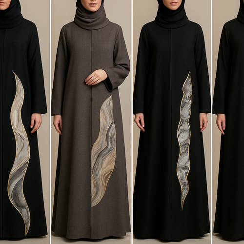 Create a modest abaya that's the first of its kind, featuring a unique stone design that exudes a classy and sophisticated vibe. I'd like four designs, each showcasing different styles and fabrics.
Incorporate high-end, unique chic stone designs to make them truly special. Add little sophisticated stone design.