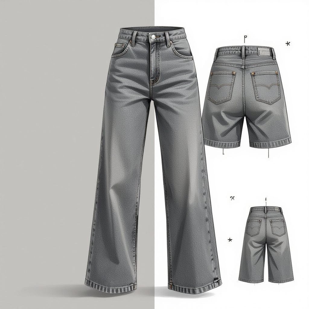 Create a detailed sewing design for a pair of gray jeans, mid waist, slightly wide at the bottom. Show both the front and back view. The back should have two pockets on the butt area. Include approximate measurements for size 2 (waist, hip, inseam, rise, thigh, bottom width). Make the sketch clear enough so I can understand how to sew and assemble the parts (front and back panels, pockets, waistband, and hem).
Create a detailed sewing design for a pair of **washed gray denim jeans**, mid-waist, with a **subtly wide leg**. Show both the front and back view. The back should have two **patch pockets** on the butt. Include approximate measurements for size 2 (waist, hip, inseam, rise, thigh, bottom width). Make the sketch clear enough so I can understand how to sew and assemble the parts (front and back panels, pockets, waistband, and hem).
