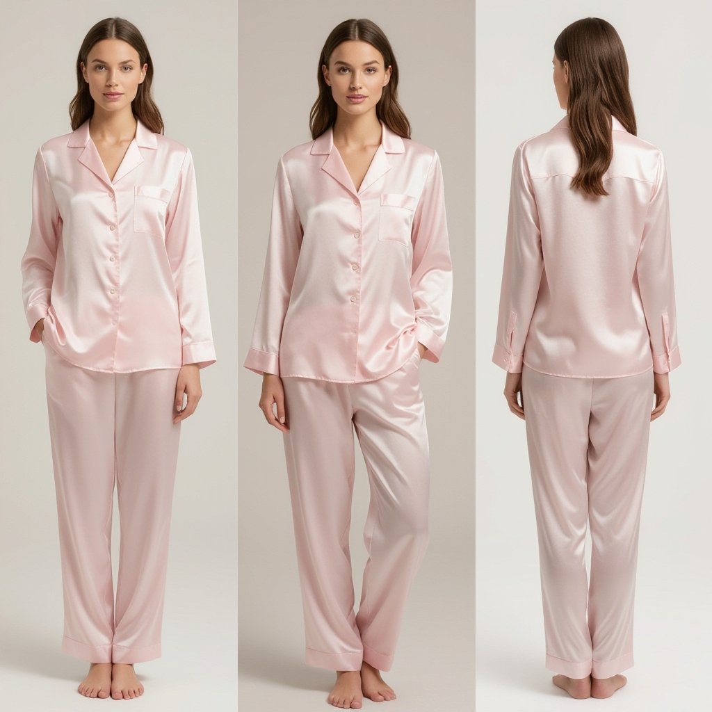 Women pink pyjamas
Women's relaxed fit pink silk pyjamas, featuring a classic button-down top with a revere collar and matching straight-leg trousers.