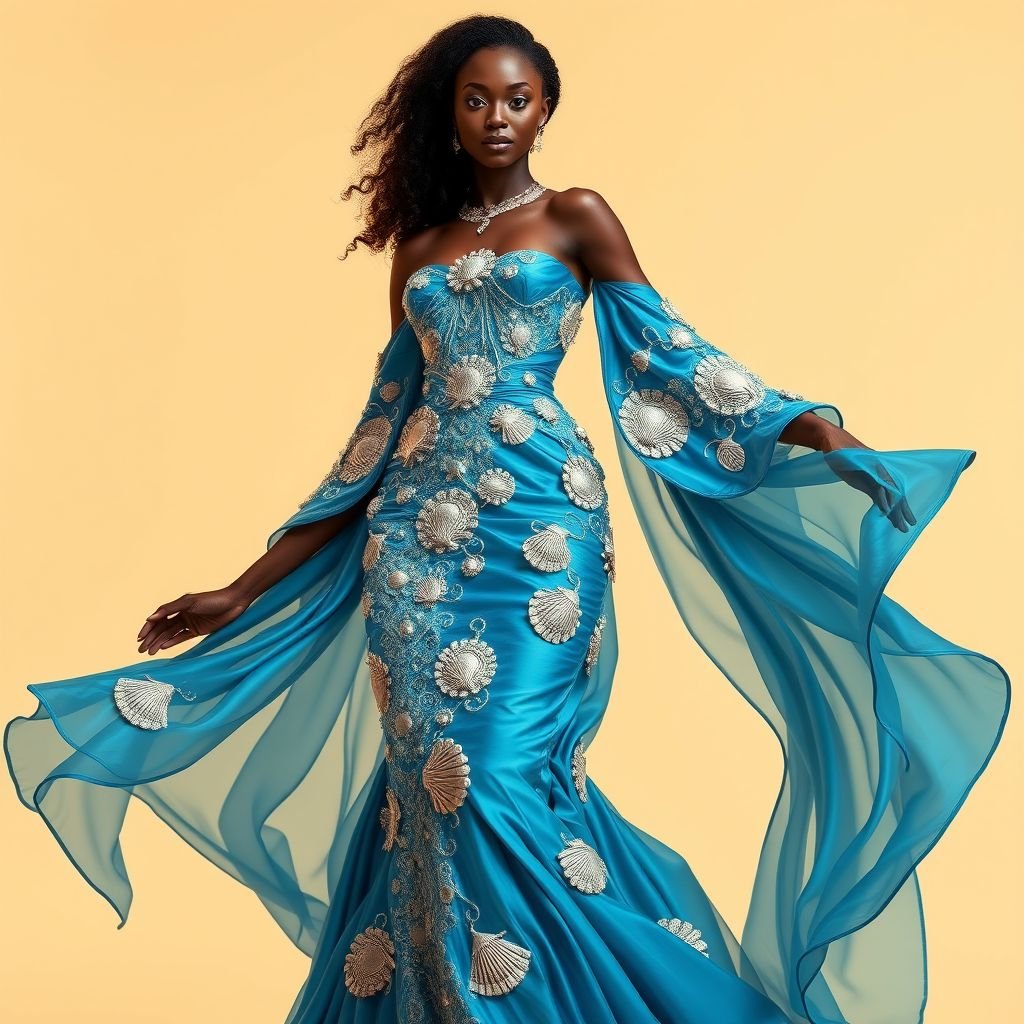 Design this African goddess Yemoja – Mother of the seas – blues, shells, flowing gowns.
Create a breathtaking fashion design inspired by Yemoja, the African goddess of the seas. Envision a glamorous gown crafted from flowing iridescent fabrics in rich ocean blues, adorned with intricate shell motifs and shimmering sequins. Incorporate dramatic cape sleeves and ethereal layers, embodying elegance and fluidity that evokes the ocean's grace.