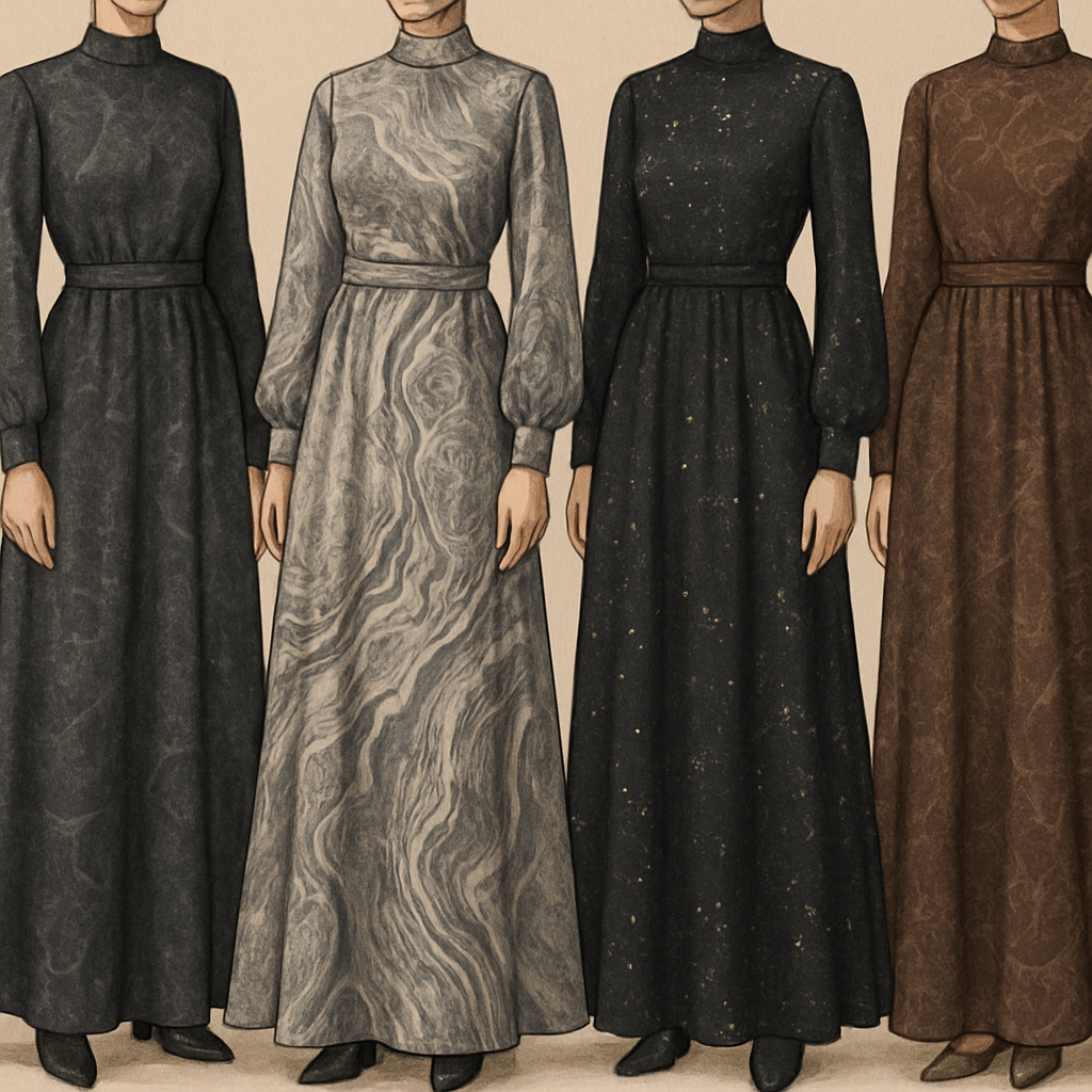 Create a modest dresses, first of its kind, featuring a unique stone design that exudes a classy and sophisticated vibe. I'd like four designs, each showcasing different styles and fabrics. Incorporate high-end, unique chic stone designs to make them truly special. Add little sophisticated stone designs. Make it irresistible for customers
Create a modest dresses, first of its kind, featuring a unique stone design that exudes a classy and sophisticated vibe. I'd like four designs, each showcasing different styles and fabrics. Incorporate high-end, unique chic stone designs to make them truly special. Add little sophisticated stone designs. Make it irresistible for customers