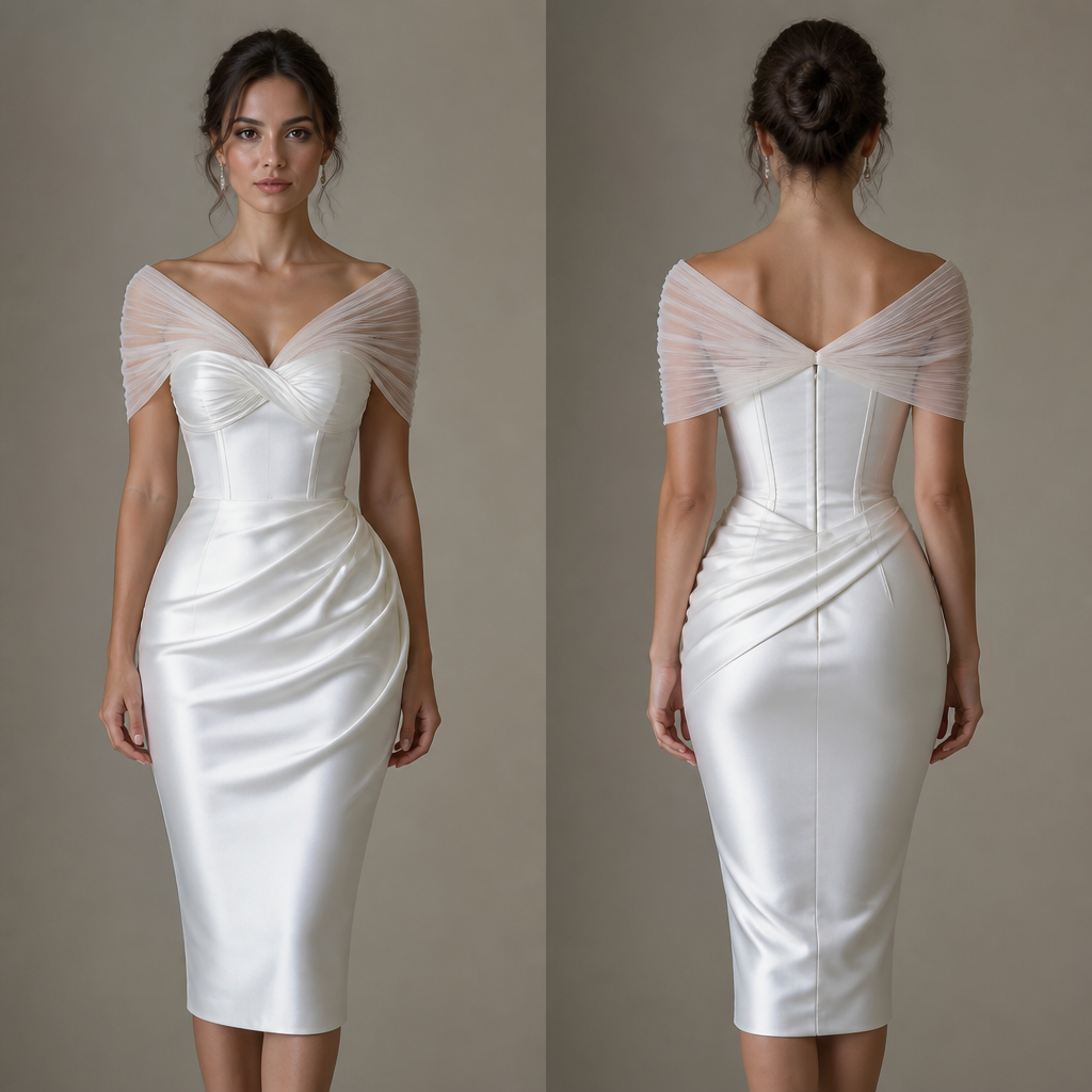 White satin dress pencil dress mid leg length.
Sweetheart neckline
Bust with pleats that criss cross at the centre.
Corset top.
Gathers at the waist and hips on the left side.
With pleated tulle sleeves running from the edges of the whole neckline and covering the front chest and the shoulders.
photorealistic fashion design, White satin dress pencil dress mid leg length.
Sweetheart neckline
Bust with pleats that criss cross at the centre.
Corset top.
Gathers at the waist and hips on the left side.
With pleated tulle sleeves running from the edges of the whole neckline and covering the front chest and the shoulders. , just the design no text, show front and back