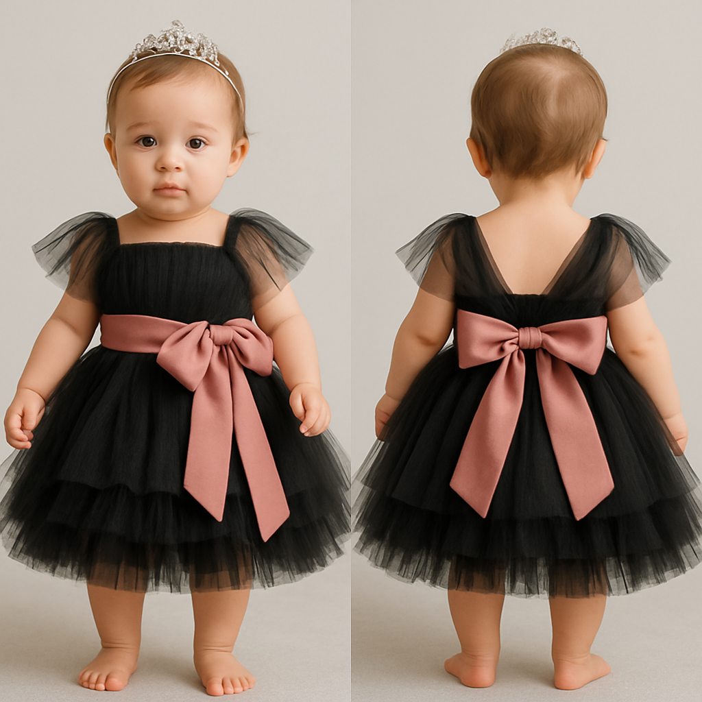 1歳の女の子のベビードレス着用画
黒のチュールドレス、膝丈のラッフルスカート(ボリューミー)
上半身は、細かいギャザーを寄せたベアトップのチュールのボディス
その上から同一色のチュールショルダーラップ、肩から膝上までをふんわり巻き付けるように、
胸下の切り返しにローズピンクのサテン生地の太めのリボンを前から一周巻いて、真ん中ではなく、左前あたりで大きくリボン縛り
リボンの結び目は前
頭には派手すぎないシルバーのティアラ
1歳の女の子のベビードレス着用画
黒のチュールドレス、膝丈のラッフルスカート(ボリューミー)
上半身は、細かいギャザーを寄せたベアトップのチュールのボディス
その上から同一色のチュールショルダーラップ、肩から膝上までをふんわり巻き付けるように、
胸下の切り返しにローズピンクのサテン生地の太めのリボンを前から一周巻いて、真ん中ではなく、左前あたりで大きくリボン縛り
リボンの結び目は前
頭には派手すぎないシルバーのティアラ, show front and back