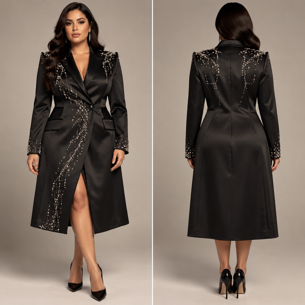 photorealistic fashion design, photorealistic fashion design, A Female Jacket design, made of Satin, with a rich, textured surface, with a Tailored silhouette, in an Earth Tones color palette, for Formal, suitable for Winter, in Business style, shown on a model with olive skin and a curvy figure. rhinestones design. JM fashion aesthetics. Present it as professional fashion catalogue photography: the garment is the subject, shown full-length with editorial styling, neutral posing and tasteful, non-suggestive framing., business style, just the design no text, show front and back. Refinement: change to black, just the design no text. Refinement: remove the pants make the jacket longer
photorealistic fashion design, photorealistic fashion design, photorealistic fashion design, A Female Jacket design, made of Satin, with a rich, textured surface, with a Tailored silhouette, in an Earth Tones color palette, for Formal, suitable for Winter, in Business style, shown on a model with olive skin and a curvy figure. rhinestones design. JM fashion aesthetics. Present it as professional fashion catalogue photography: the garment is the subject, shown full-length with editorial styling, neutral posing and tasteful, non-suggestive framing., business style, just the design no text, show front and back. Refinement: change to black, just the design no text. Refinement: remove the pants make the jacket longer, just the design no text