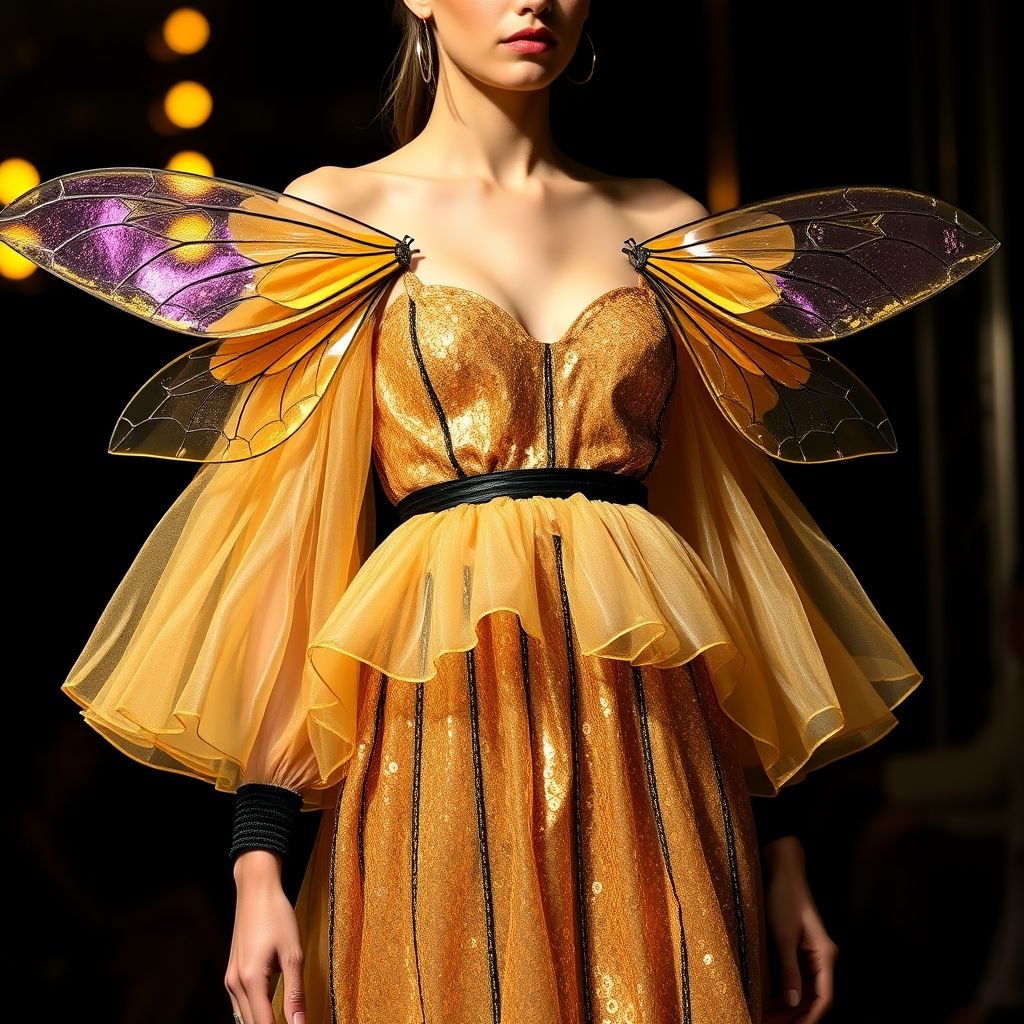 A honey bee & honey comb themed spring day dress.
Design a captivating nightclub-ready spring day dress inspired by the elegance of honey bees and honeycombs. Incorporate shimmering golden hues and bold black accents to mimic bee stripes. Use sheer, iridescent fabrics to reflect light, creating an eye-catching effect. Add dramatic, oversized sleeves reminiscent of bee wings for a playful yet sophisticated flair.