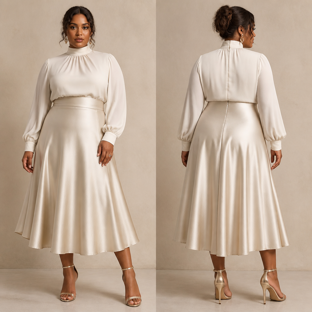 A Female Skirt design, made of Satin, with a light, flowing drape, with a Tailored silhouette, with modest, full coverage: longer hemlines, higher necklines and covered shoulders, in a Monochrome color palette, for Party, suitable for Winter, suited to a Tropical climate, in Elegant + Boho Chic + Retro style, shown on a model with brown skin and a plus-size figure. saia evasê, comprimento mid, fluida composta por tecido fluidos forrada com brilho, cetim, Present it as professional fashion catalogue photography: the garment is the subject, shown full-length with editorial styling, neutral posing and tasteful, non-suggestive framing.
photorealistic fashion design, A Female Skirt design, made of Satin, with a light, flowing drape, with a Tailored silhouette, with modest, full coverage: longer hemlines, higher necklines and covered shoulders, in a Monochrome color palette, for Party, suitable for Winter, suited to a Tropical climate, in Elegant + Boho Chic + Retro style, shown on a model with brown skin and a plus-size figure. saia evasê, comprimento mid, fluida composta por tecido fluidos forrada com brilho, cetim, Present it as professional fashion catalogue photography: the garment is the subject, shown full-length with editorial styling, neutral posing and tasteful, non-suggestive framing., elegant style, just the design no text, show front and back