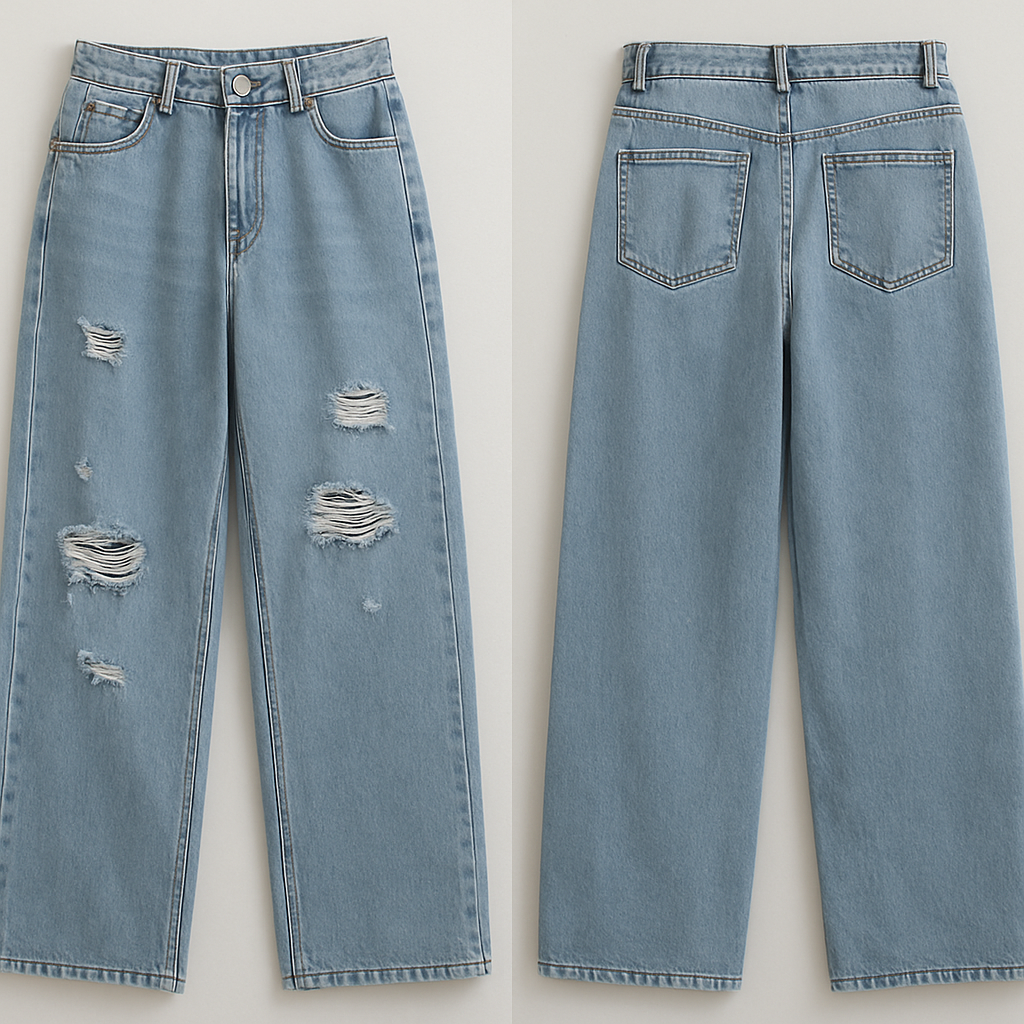 Jeans loose pants with some scretches

Jeans loose pants with some scretches, streetwear style, show front and back