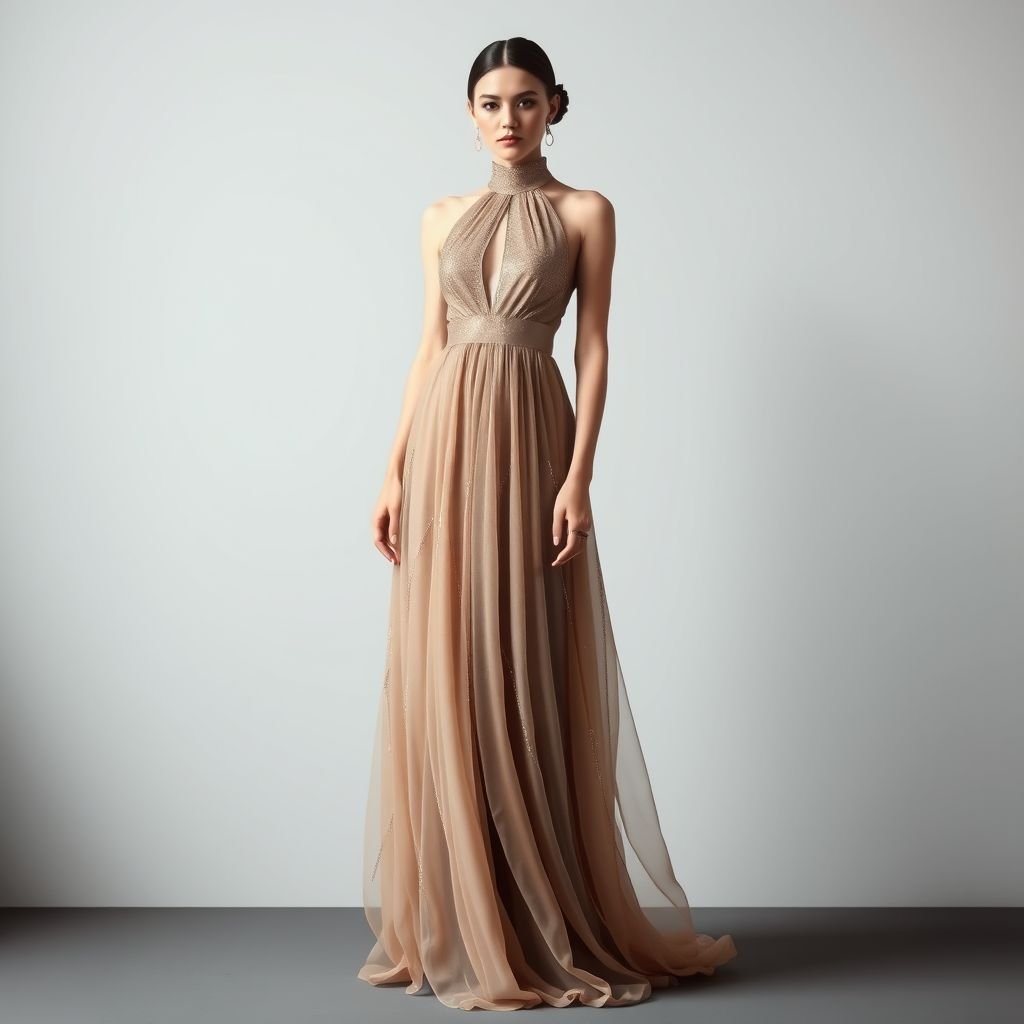 Fashion sketch of a luxury sparkly pink dress
Design a sophisticated luxury dress in soft, neutral tones, emphasizing elegance over vibrancy. Picture a high-neck gown with subtle metallic threads woven throughout, creating a gentle shimmer. The silhouette should flow gracefully, with delicate layers of taupe chiffon cascading down. Add minimalist accessories to maintain a harmonious balance and refined allure.
