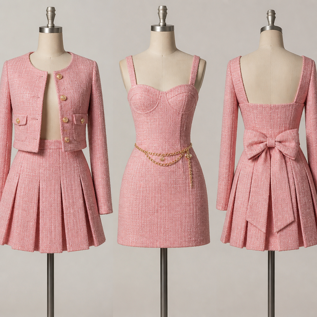 Think a mix between legally blonde and clueless
photorealistic fashion design, Think a mix between legally blonde and clueless, barbiecore style, just the design no text