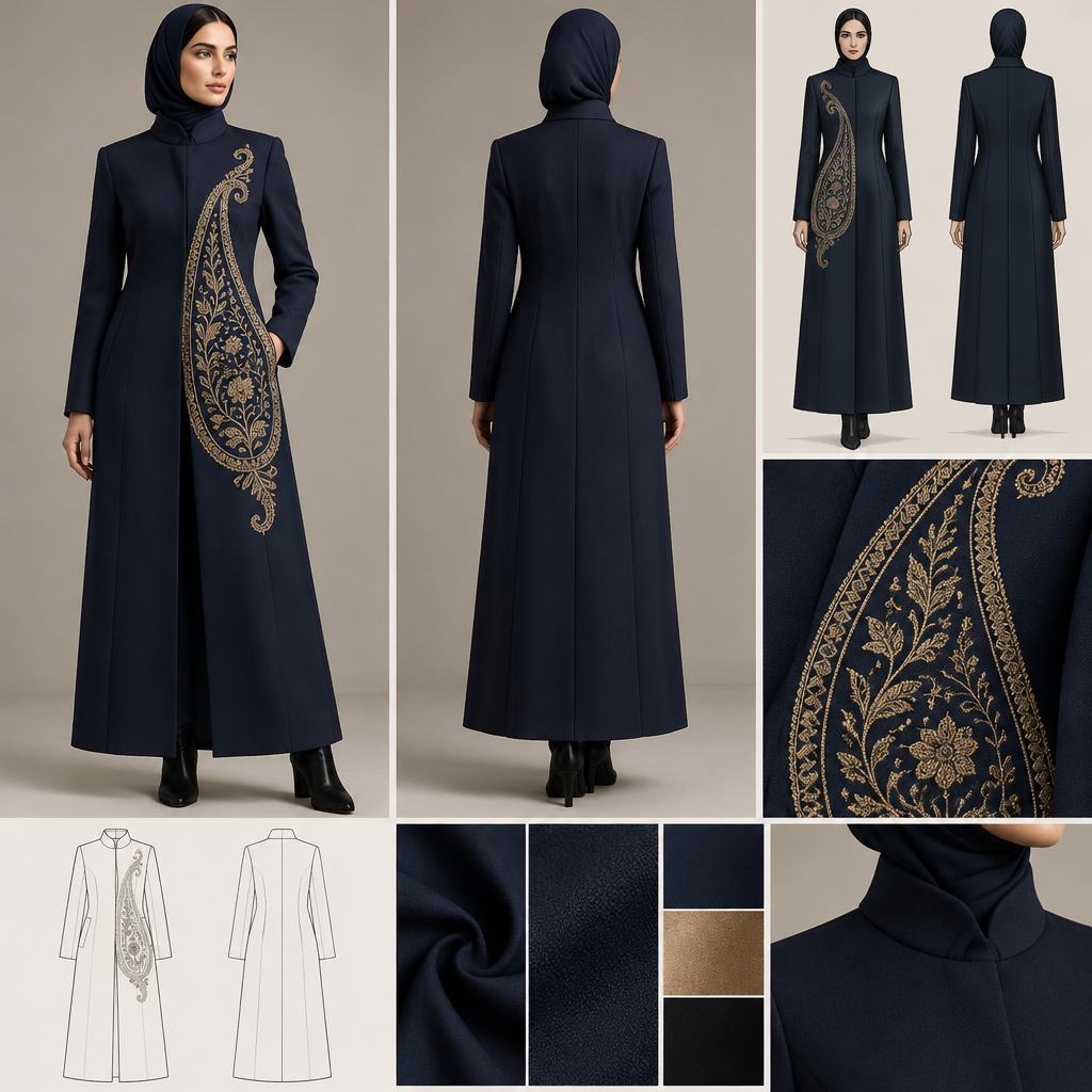 THE ETERNAL BOTEH
Minimalist Iranian-Islamic Luxury Manteau
Design an original, sophisticated Iranian-Islamic women's manteau inspired by the timeless Persian Boteh-Jegheh motif.
The concept is based on the beauty of simplicity: a beautifully tailored, contemporary manteau made from plain luxury fabric, featuring one striking, oversized Persian paisley motif as its signature design element.
The garment should feel exclusive, artistic, elegant, and timeless.
1. SILHOUETTE AND FIT
Create a long, elegant, semi-tailored manteau with a clean, elongated silhouette.
Use structured shoulders, a refined upper body, and subtle waist shaping.
Maintain a straight or gently tapered lower half with a controlled hem width.
Avoid an excessively wide, flared, A-line, or skirt-like bottom.
Ensure the garment follows natural body proportions without being tight or body-hugging.
Include a modest high neckline, full-length sleeves, and complete body coverage.
Use clean vertical seams, concealed front closures, and discreet functional pockets.
Keep the overall silhouette simple, architectural, and impeccably tailored.
2. THE SIGNATURE BOTEH-JEGHEH MOTIF
Feature one large, artistic Persian Boteh-Jegheh motif as the main visual statement.
The motif should be elegant, elongated, and inspired by traditional Persian paisley ornamentation.
Place the main motif asymmetrically on one side of the front panel, extending gracefully from the upper torso toward the lower hip.
Alternatively, create a striking oversized motif centered on the upper back.
Use refined embroidery, subtle raised stitching, or sophisticated tonal appliqué.
Incorporate delicate internal details inspired by traditional Persian botanical ornamentation.
Keep the motif beautifully defined and recognizable without making it overly complicated.
3. MINIMALIST DESIGN PHILOSOPHY
Use completely plain fabric with no all-over prints.
Avoid additional floral compositions, busy borders, or excessive decorative embroidery.
Keep the sleeves, neckline, and lower hem largely unadorned.
Let the single Boteh-Jegheh motif become the unmistakable signature of the garment.
Create a deliberate balance between negative space and the main decorative element.
4. LUXURY COLOR COMBINATIONS
Option A: Deep midnight navy fabric with antique-gold embroidery.
Option B: Rich emerald-green fabric with tone-on-tone dark green embroidery.
Option C: Warm ivory fabric with deep burgundy embroidery.
Option D: Matte black fabric with subtle champagne-gold detailing.
Choose one harmonious combination and keep the entire design visually restrained and sophisticated.
5. FABRIC AND CRAFTSMANSHIP
Use premium opaque fabric with a smooth, structured drape.
Consider matte crepe, fine wool-blend fabric, or luxurious jacquard without an all-over pattern.
Ensure clean tailoring, precise seams, and a beautifully finished hem.
The garment must be comfortable, durable, and suitable for actual production.
Make the embroidery look refined, realistic, and achievable by a professional artisan.
6. IRANIAN-ISLAMIC MODEST FASHION
Maintain a high neckline, full-length sleeves, and a long, modest silhouette.
Avoid sheer fabric, tight fitting, and revealing details.
Express luxury through the silhouette, material quality, and one exceptional Persian motif.
7. PROFESSIONAL PRESENTATION
Show the complete manteau on a female fashion model in full-length front and back views.
Include a professional fashion illustration, front and back technical flat sketches, a close-up of the Boteh-Jegheh motif, fabric recommendations, and a coordinated color palette.
The final design should be minimalist yet unmistakably Iranian, luxurious without excessive ornamentation, modest, contemporary, and memorable. Prioritize impeccable tailoring and a distinctive signature motif over decorative complexity.. IR fashion aesthetics. Present it as professional fashion catalogue photography: the garment is the subject, shown full-length with editorial styling, neutral posing and tasteful, non-suggestive framing.
photorealistic fashion design, THE ETERNAL BOTEH
Minimalist Iranian-Islamic Luxury Manteau
Design an original, sophisticated Iranian-Islamic women's manteau inspired by the timeless Persian Boteh-Jegheh motif.
The concept is based on the beauty of simplicity: a beautifully tailored, contemporary manteau made from plain luxury fabric, featuring one striking, oversized Persian paisley motif as its signature design element.
The garment should feel exclusive, artistic, elegant, and timeless.
1. SILHOUETTE AND FIT
Create a long, elegant, semi-tailored manteau with a clean, elongated silhouette.
Use structured shoulders, a refined upper body, and subtle waist shaping.
Maintain a straight or gently tapered lower half with a controlled hem width.
Avoid an excessively wide, flared, A-line, or skirt-like bottom.
Ensure the garment follows natural body proportions without being tight or body-hugging.
Include a modest high neckline, full-length sleeves, and complete body coverage.
Use clean vertical seams, concealed front closures, and discreet functional pockets.
Keep the overall silhouette simple, architectural, and impeccably tailored.
2. THE SIGNATURE BOTEH-JEGHEH MOTIF
Feature one large, artistic Persian Boteh-Jegheh motif as the main visual statement.
The motif should be elegant, elongated, and inspired by traditional Persian paisley ornamentation.
Place the main motif asymmetrically on one side of the front panel, extending gracefully from the upper torso toward the lower hip.
Alternatively, create a striking oversized motif centered on the upper back.
Use refined embroidery, subtle raised stitching, or sophisticated tonal appliqué.
Incorporate delicate internal details inspired by traditional Persian botanical ornamentation.
Keep the motif beautifully defined and recognizable without making it overly complicated.
3. MINIMALIST DESIGN PHILOSOPHY
Use completely plain fabric with no all-over prints.
Avoid additional floral compositions, busy borders, or excessive decorative embroidery.
Keep the sleeves, neckline, and lower hem largely unadorned.
Let the single Boteh-Jegheh motif become the unmistakable signature of the garment.
Create a deliberate balance between negative space and the main decorative element.
4. LUXURY COLOR COMBINATIONS
Option A: Deep midnight navy fabric with antique-gold embroidery.
Option B: Rich emerald-green fabric with tone-on-tone dark green embroidery.
Option C: Warm ivory fabric with deep burgundy embroidery.
Option D: Matte black fabric with subtle champagne-gold detailing.
Choose one harmonious combination and keep the entire design visually restrained and sophisticated.
5. FABRIC AND CRAFTSMANSHIP
Use premium opaque fabric with a smooth, structured drape.
Consider matte crepe, fine wool-blend fabric, or luxurious jacquard without an all-over pattern.
Ensure clean tailoring, precise seams, and a beautifully finished hem.
The garment must be comfortable, durable, and suitable for actual production.
Make the embroidery look refined, realistic, and achievable by a professional artisan.
6. IRANIAN-ISLAMIC MODEST FASHION
Maintain a high neckline, full-length sleeves, and a long, modest silhouette.
Avoid sheer fabric, tight fitting, and revealing details.
Express luxury through the silhouette, material quality, and one exceptional Persian motif.
7. PROFESSIONAL PRESENTATION
Show the complete manteau on a female fashion model in full-length front and back views.
Include a professional fashion illustration, front and back technical flat sketches, a close-up of the Boteh-Jegheh motif, fabric recommendations, and a coordinated color palette.
The final design should be minimalist yet unmistakably Iranian, luxurious without excessive ornamentation, modest, contemporary, and memorable. Prioritize impeccable tailoring and a distinctive signature motif over decorative complexity.. IR fashion aesthetics. Present it as professional fashion catalogue photography: the garment is the subject, shown full-length with editorial styling, neutral posing and tasteful, non-suggestive framing., just the design no text