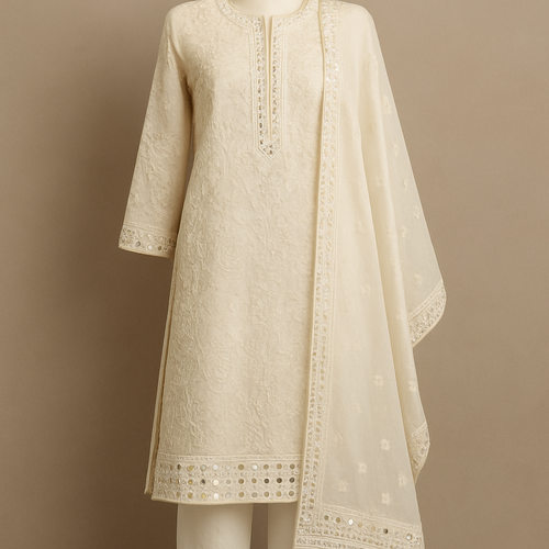 Ivory colour embroidered kurta set with mirror worker border