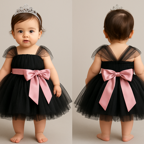 1歳の女の子のベビードレス着用画
黒のチュールドレス、短めのパニエスカート（ボリューミー）
上半身は、細かいギャザーを寄せたベアトップのチュールのボディス
その上から同一色のチュールショルダーラップ、肩から膝上までをふんわり巻き付けるように胸下の切り返しにローズピンクのサテン生地の太めのリボンを前から一周巻いて、真ん中ではなく、左前あたりで大きくリボン縛り
リボンの結び目は前
頭には派手すぎないシルバーのティアラ