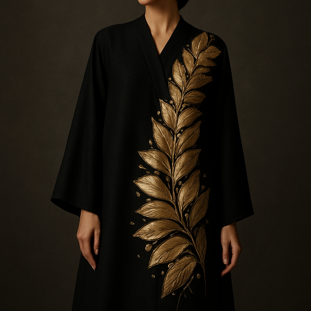 The Golden Feather Bloom Abaya
Tone: Onyx black
Design:
Handmade metallic gold feather petals arranged across one side with delicate embroidery.
Embellishment:
Champagne stones placed between feathers for a couture glow.
Vibe: Dramatic couture with modern softness.
The Golden Feather Bloom Abaya
Tone: Onyx black
Design:
Handmade metallic gold feather petals arranged across one side with delicate embroidery.
Embellishment:
Champagne stones placed between feathers for a couture glow.
Vibe: Dramatic couture with modern softness.
