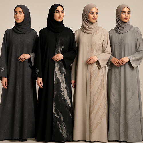 Create a modest abaya, the first of its kind, featuring a unique stone design that exudes a classy and sophisticated vibe. I'd like four designs, each showcasing different styles and fabrics. Incorporate high-end, unique chic stone designs to make them truly special. Add little sophisticated stone designs.
