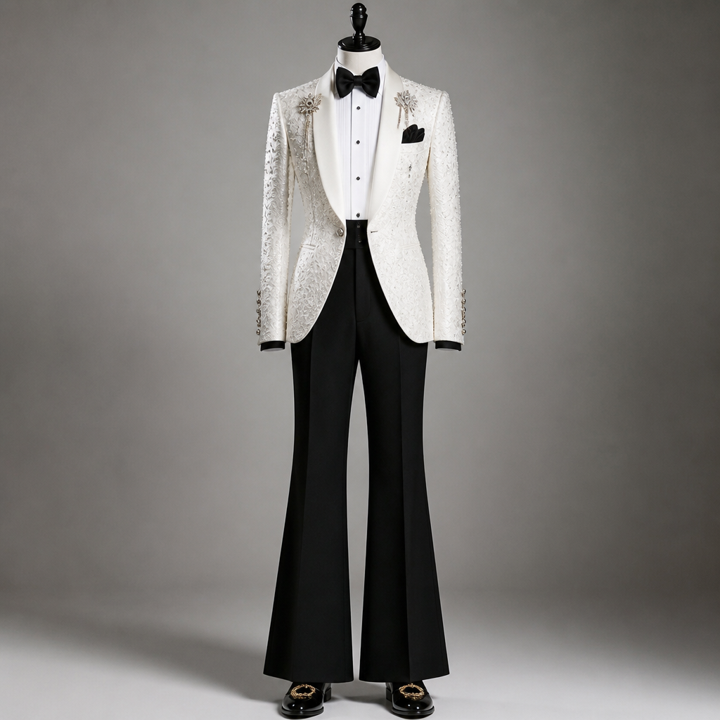 This is a luxury white-and-black formal tuxedo ensemble with a dramatic, fashion-forward silhouette.
* Jacket: Ivory/white single-breasted tuxedo jacket with a deep shawl lapel. The fabric has an intricate embroidered texture with tiny sparkling embellishments throughout.
* Details: Black satin bow tie, white dress shirt with black buttons, and a sharp black pocket square.
* Embellishment: Decorative floral-style brooches sit on the upper chest, adding a couture feel.
* Cuffs: Multiple small pearl-like or metallic buttons run along the sleeve cuffs.
* Trousers: High-waisted black flared trousers, creating a strong retro-meets-modern silhouette.
* Shoes: Highly polished black loafers with prominent gold decorative hardware.
* Overall aesthetic: Regal, elegant, theatrical, and luxury-prom-inspired—a classic tuxedo elevated with embroidery, jewelry-like details, and dramatic flared pants.
photorealistic fashion design, This is a luxury white-and-black formal tuxedo ensemble with a dramatic, fashion-forward silhouette.
* Jacket: Ivory/white single-breasted tuxedo jacket with a deep shawl lapel. The fabric has an intricate embroidered texture with tiny sparkling embellishments throughout.
* Details: Black satin bow tie, white dress shirt with black buttons, and a sharp black pocket square.
* Embellishment: Decorative floral-style brooches sit on the upper chest, adding a couture feel.
* Cuffs: Multiple small pearl-like or metallic buttons run along the sleeve cuffs.
* Trousers: High-waisted black flared trousers, creating a strong retro-meets-modern silhouette.
* Shoes: Highly polished black loafers with prominent gold decorative hardware.
* Overall aesthetic: Regal, elegant, theatrical, and luxury-prom-inspired—a classic tuxedo elevated with embroidery, jewelry-like details, and dramatic flared pants., formal style, just the design no text